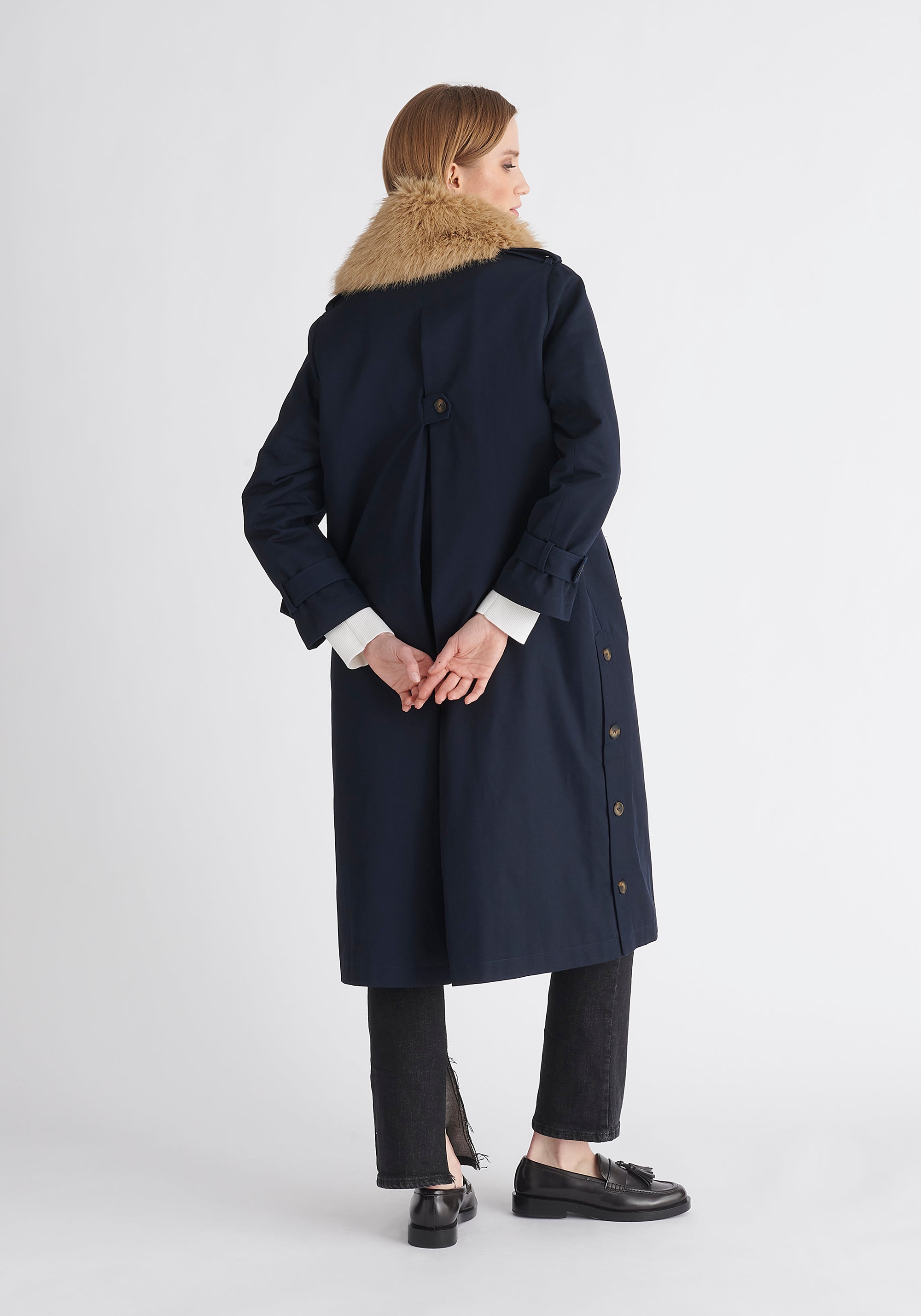 Paisie Faux Fur Collar Coat in Navy Back