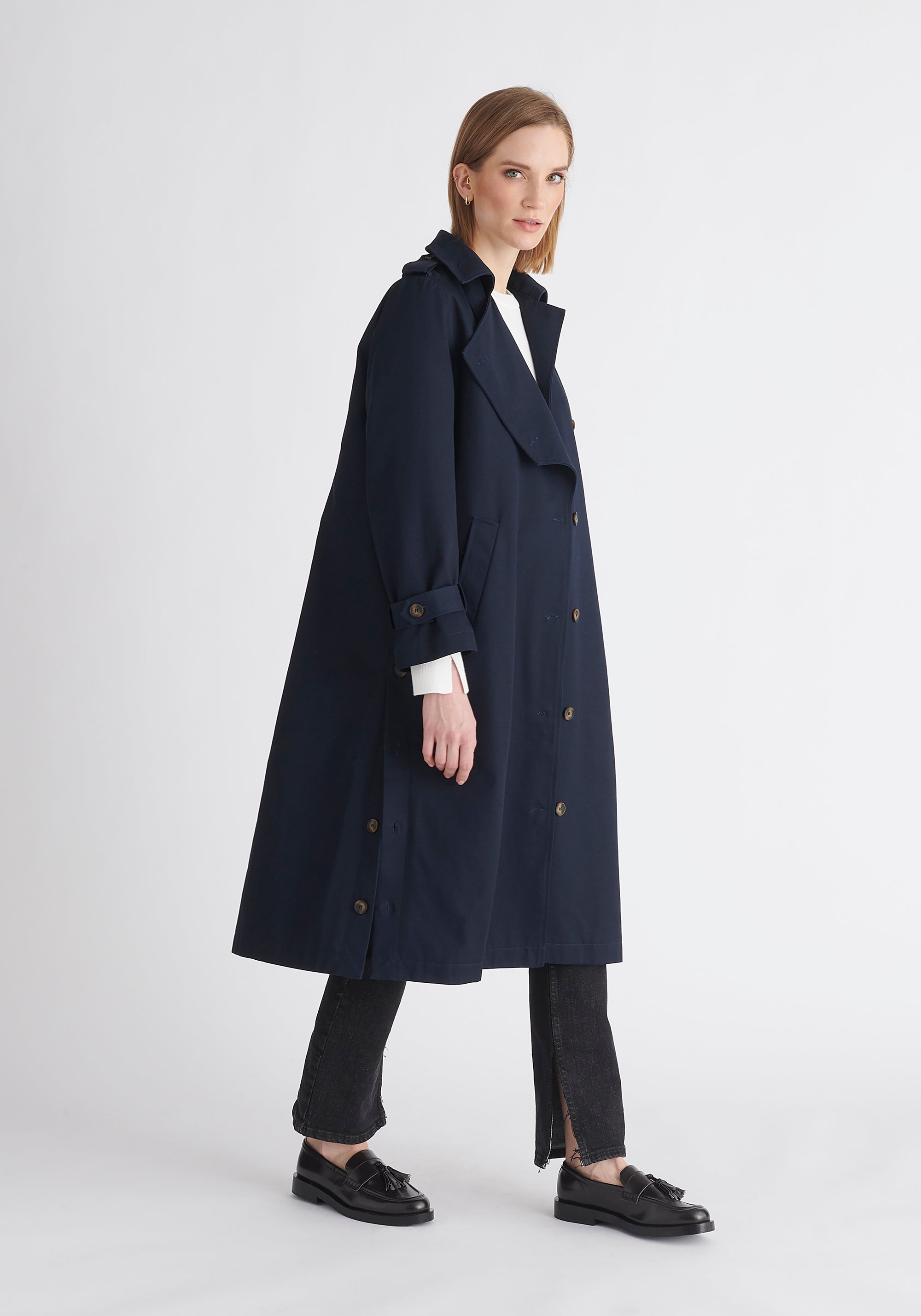 Paisie Faux Fur Collar Coat in Navy Side