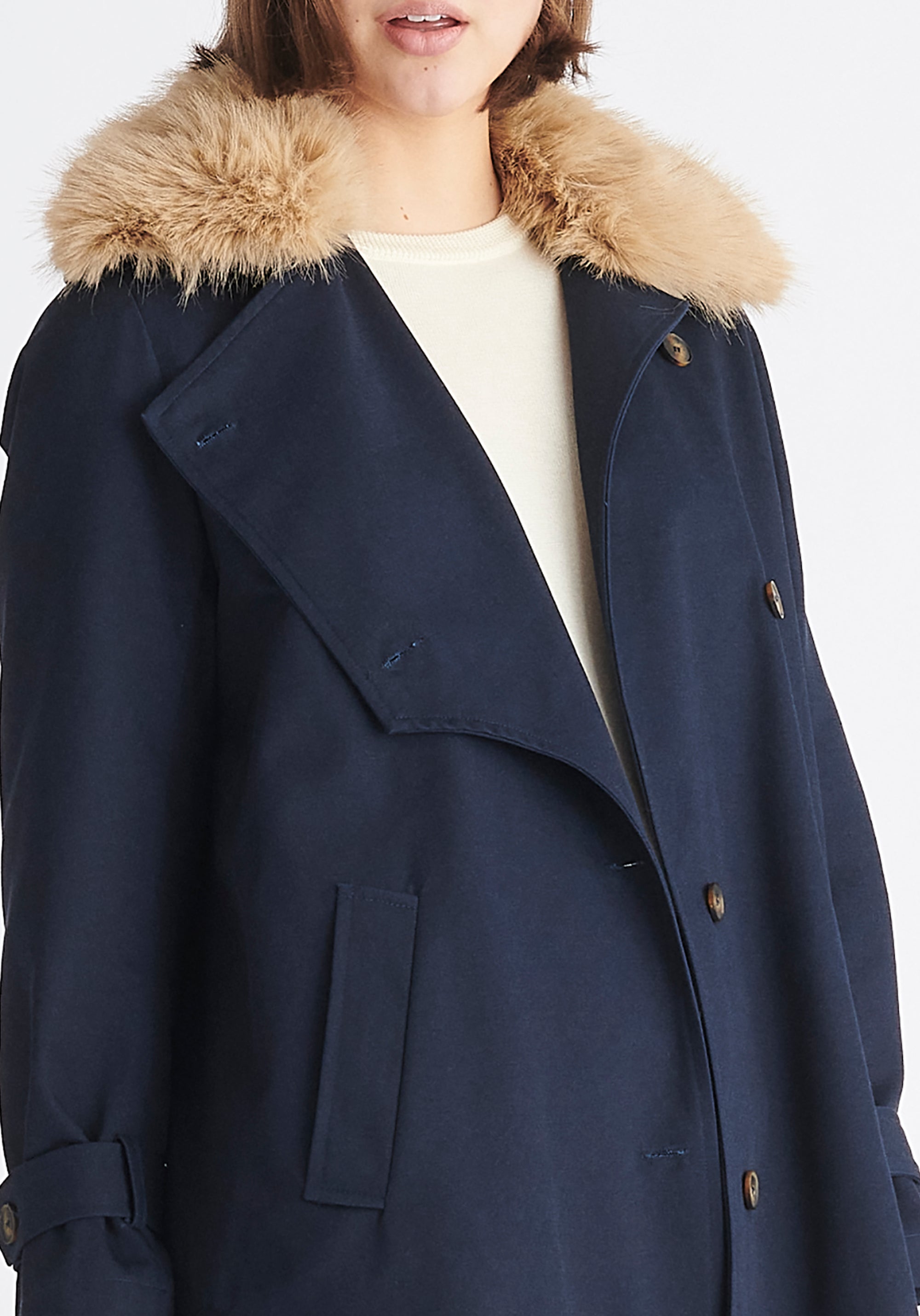 Paisie Faux Fur Collar Coat in Navy Close Up