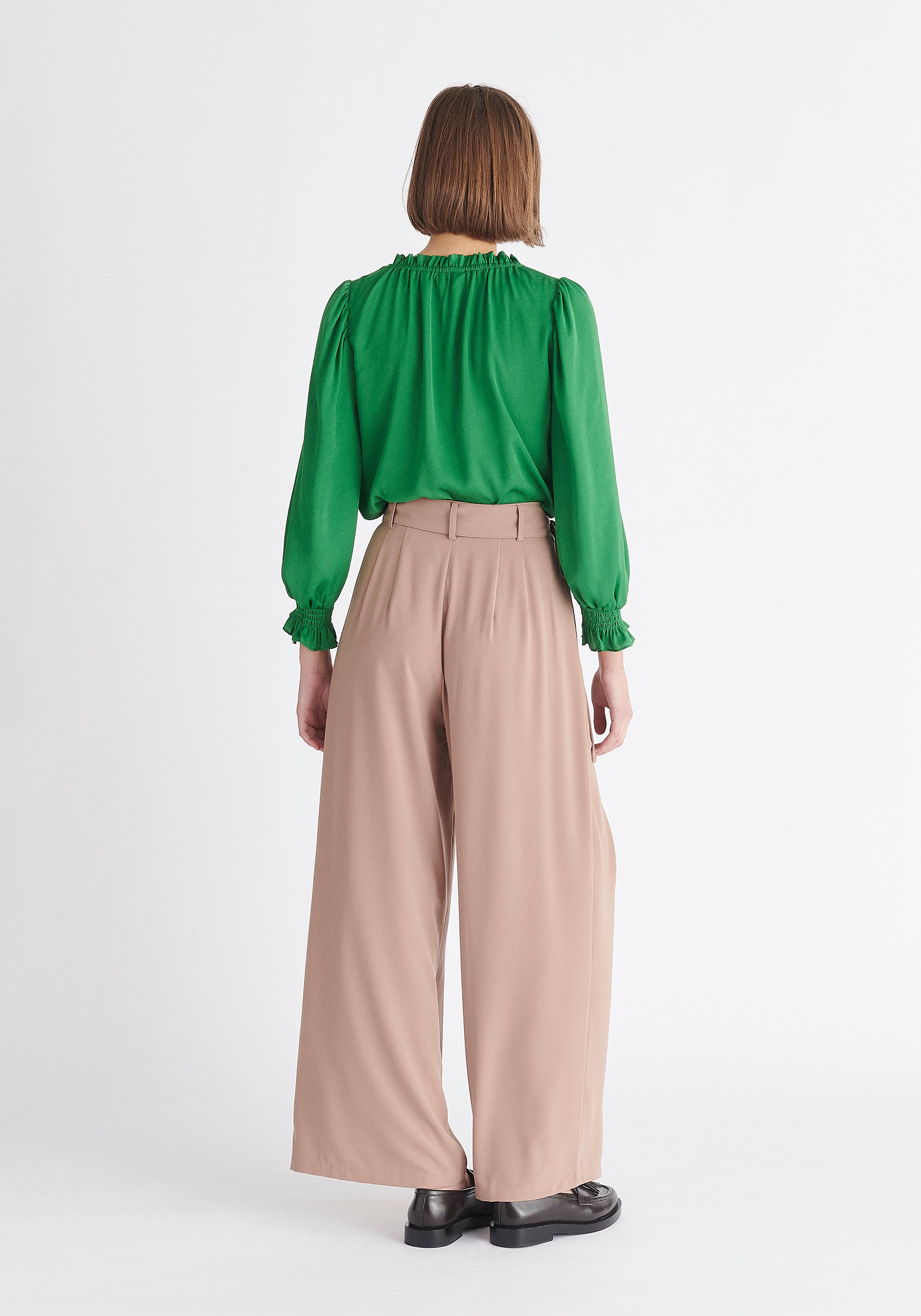 Paisie Ruched Collar Blouse in Green Back