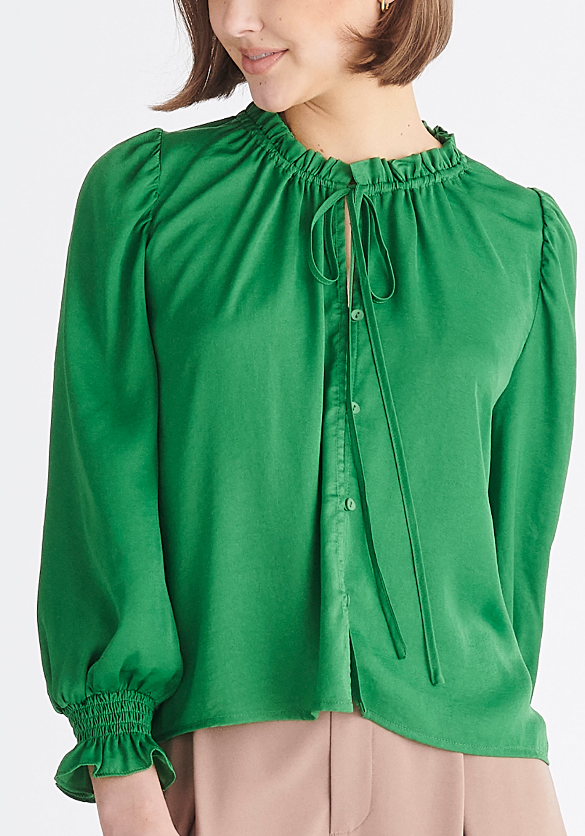 Paisie Ruched Collar Blouse in Green Close Up