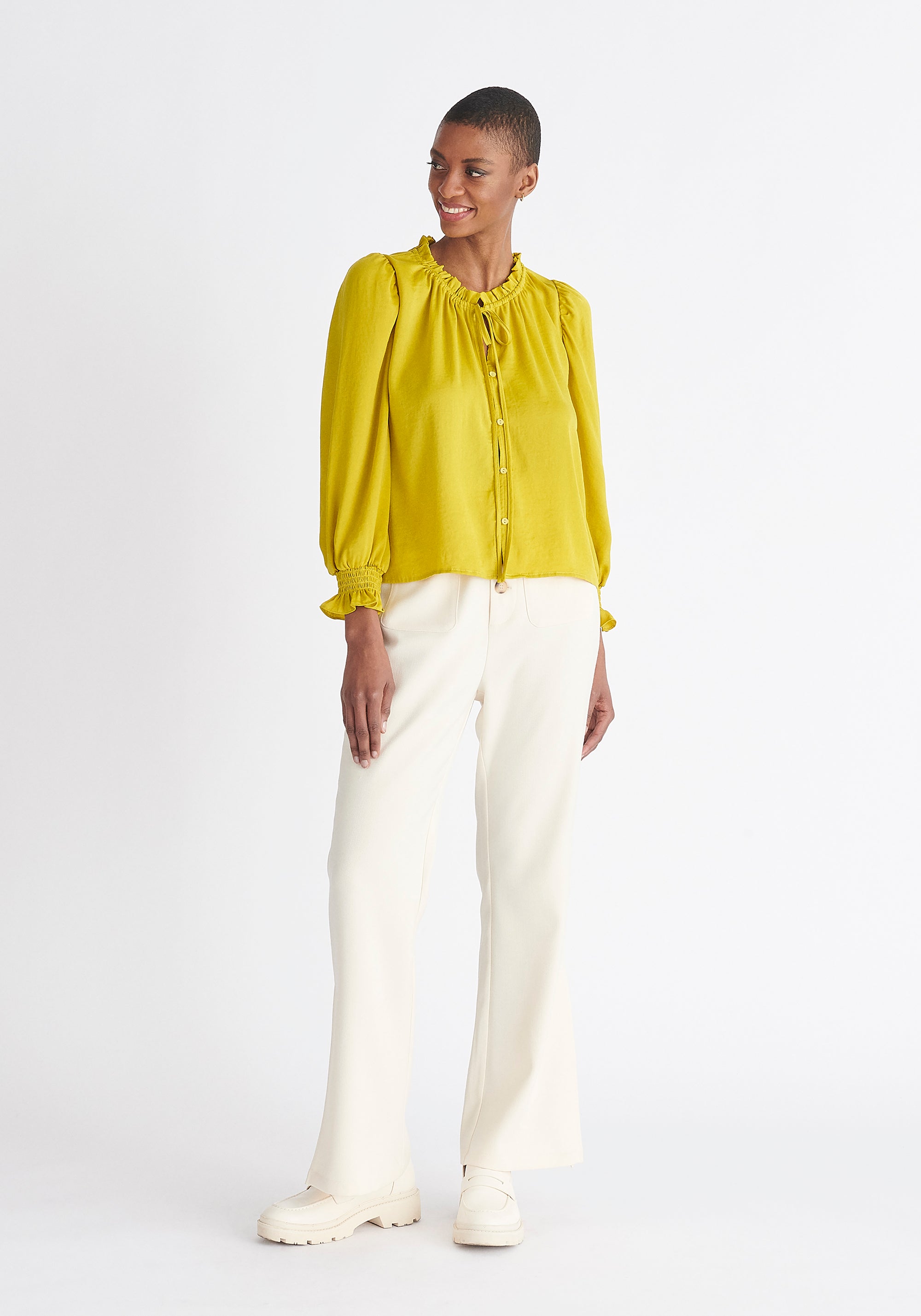 Paisie Ruched Collar Blouse in Mustard Yellow