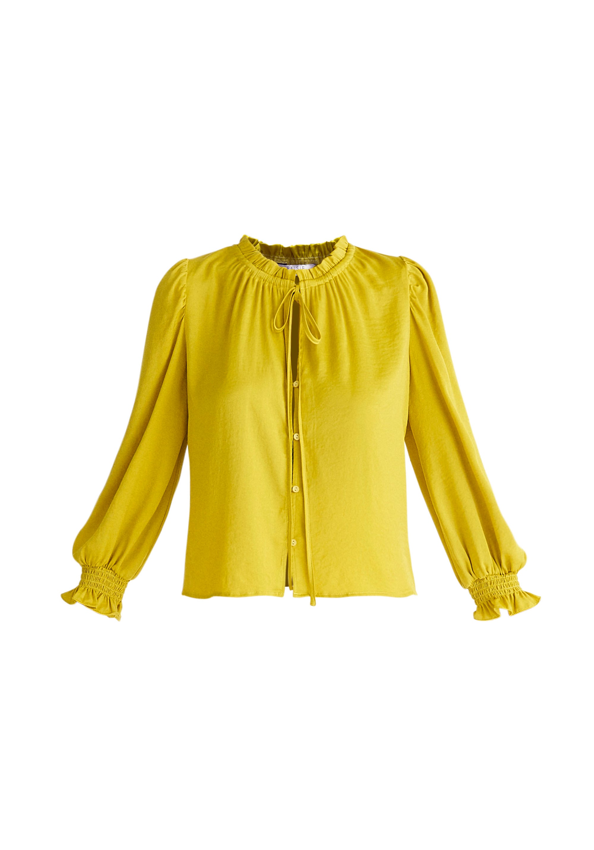 Paisie Ruched Collar Blouse in Mustard Yellow Cut Out