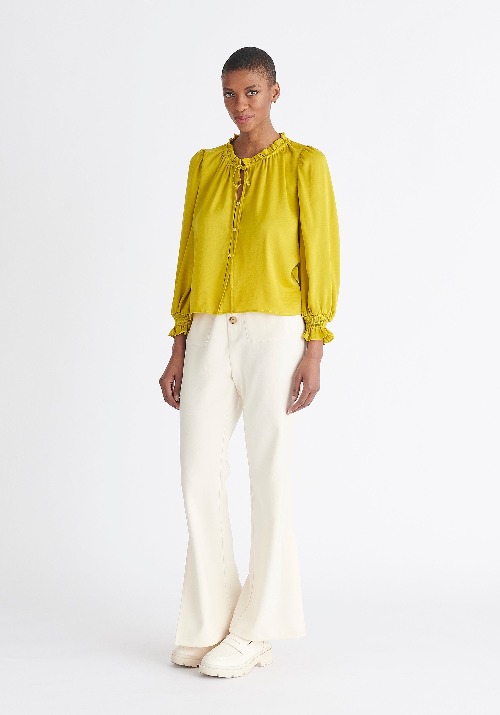 Paisie Ruched Collar Blouse in Mustard Yellow