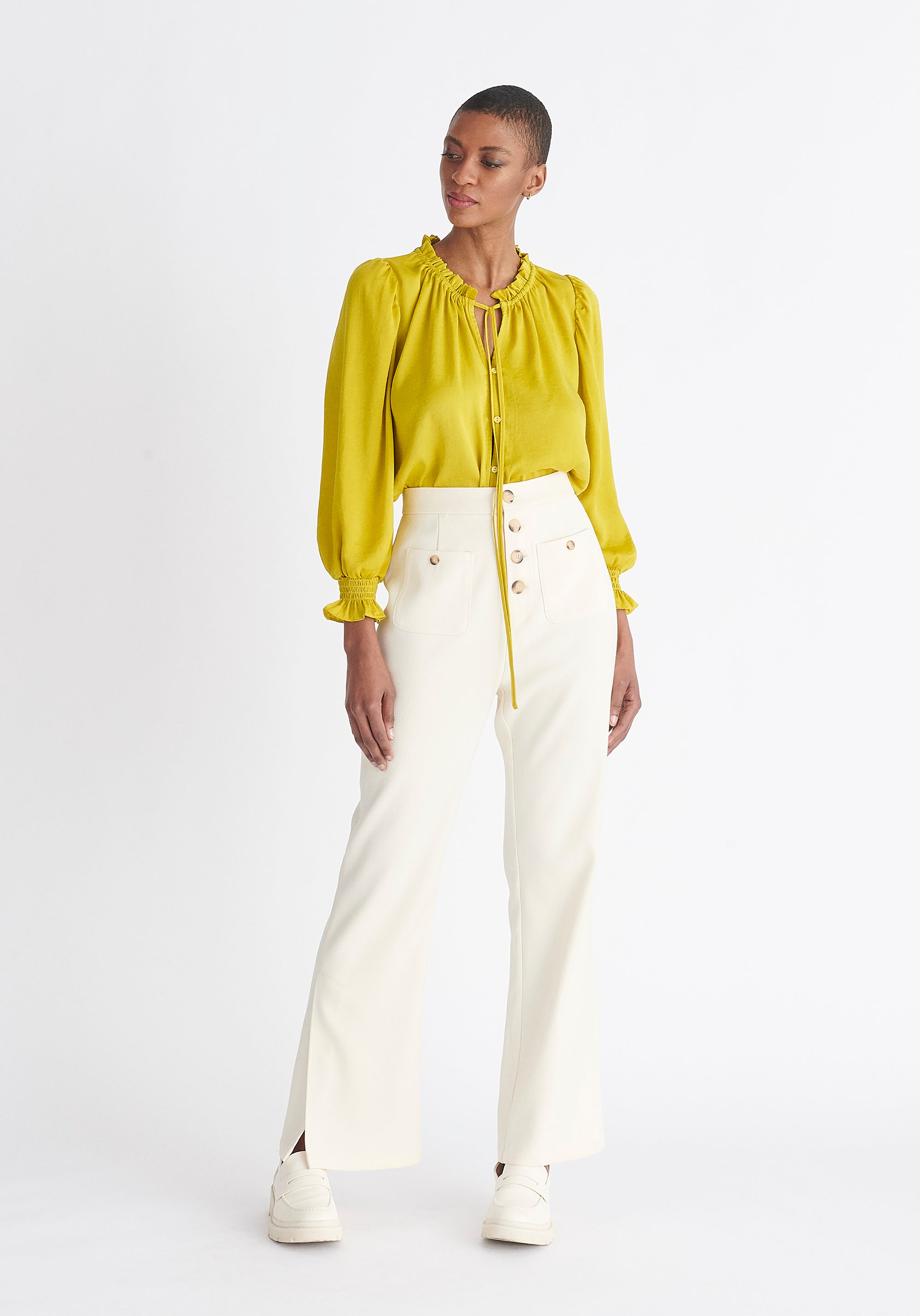 Paisie Ruched Collar Blouse in Mustard Yellow