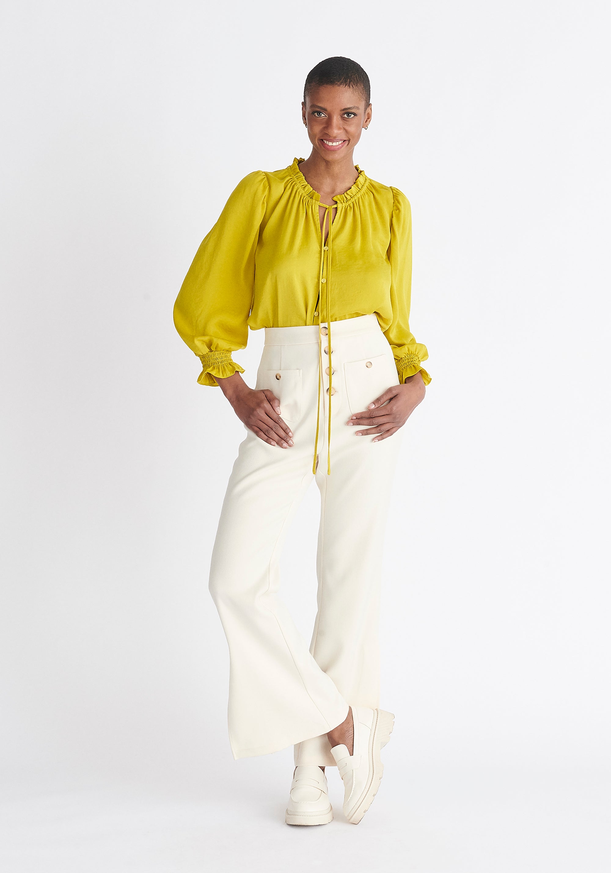 Paisie Ruched Collar Blouse in Mustard Yellow