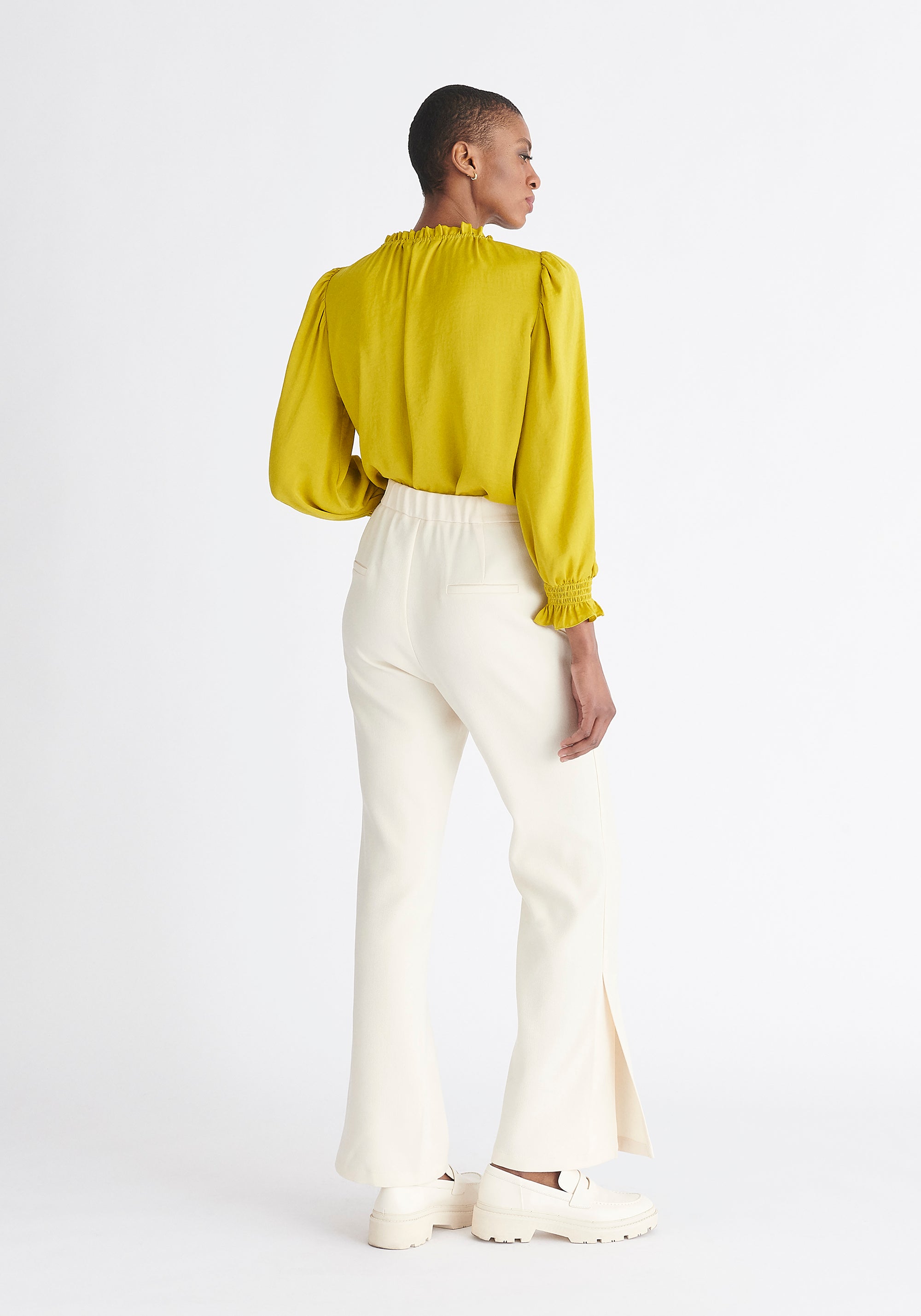 Paisie Ruched Collar Blouse in Mustard Yellow Back