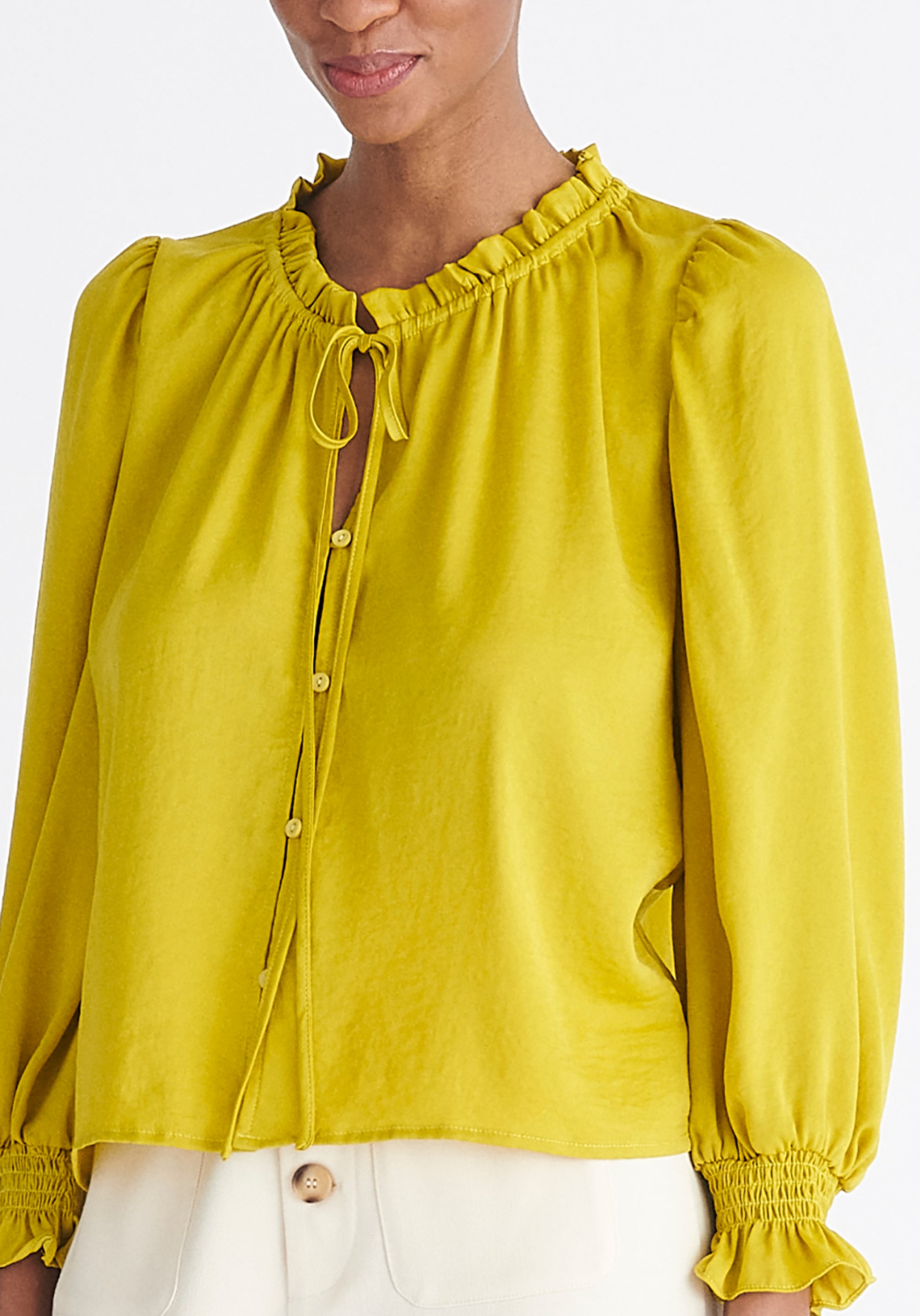 Paisie Ruched Collar Blouse in Mustard Yellow Close Up