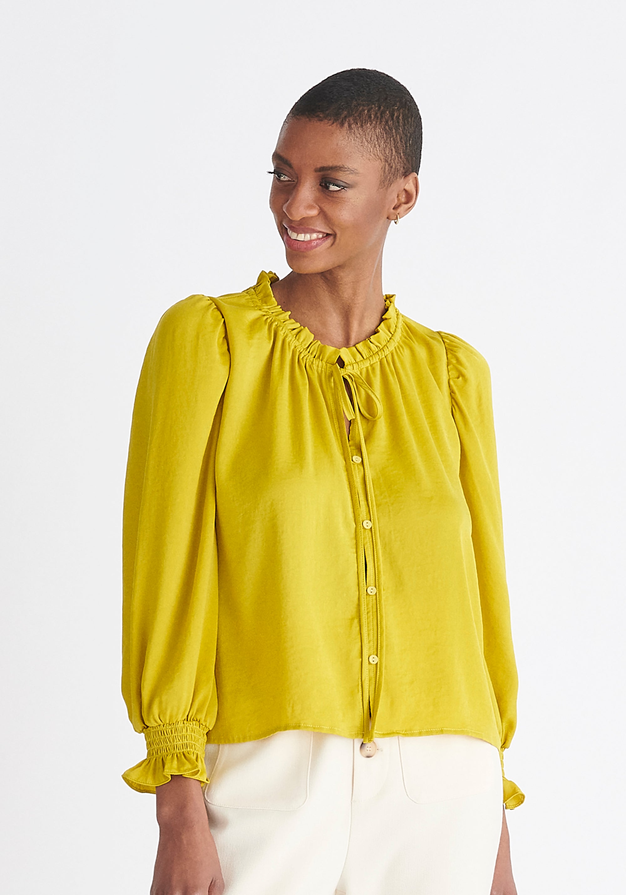 Paisie Ruched Collar Blouse in Mustard Yellow