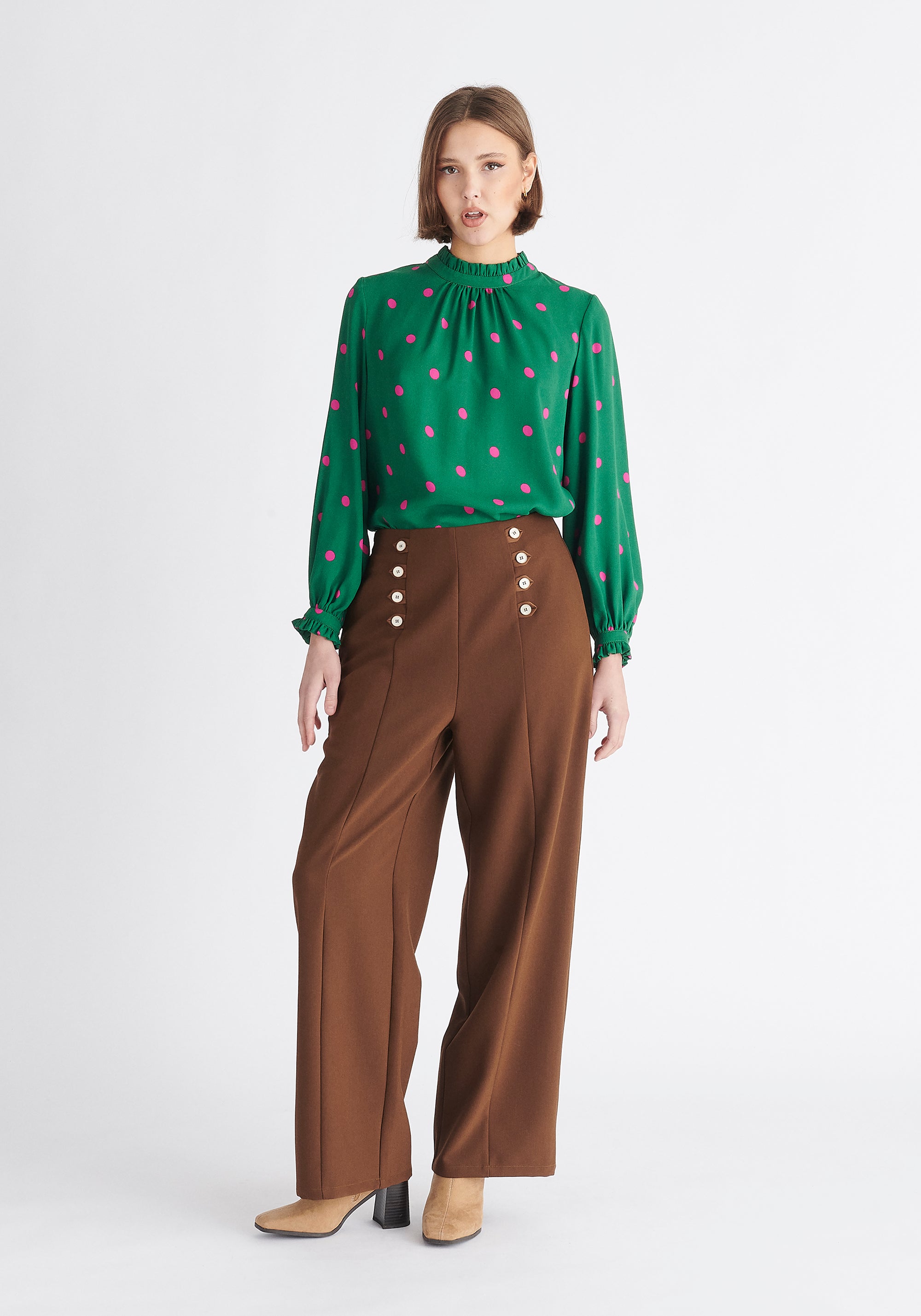 Paisie Pleated Collar Polka Dot Blouse in Green and Pink