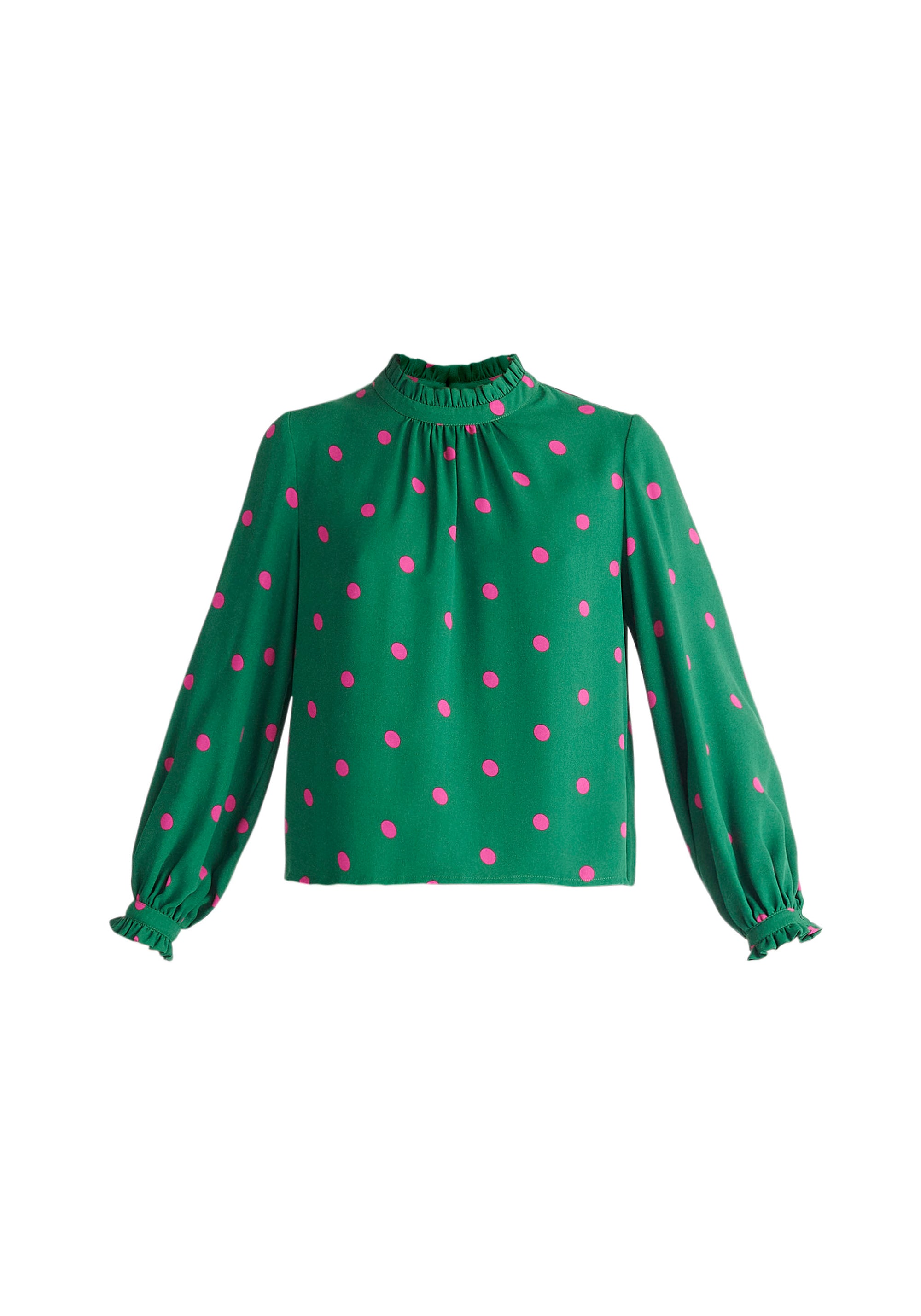 Paisie Pleated Collar Polka Dot Blouse in Green and Pink Cut Out