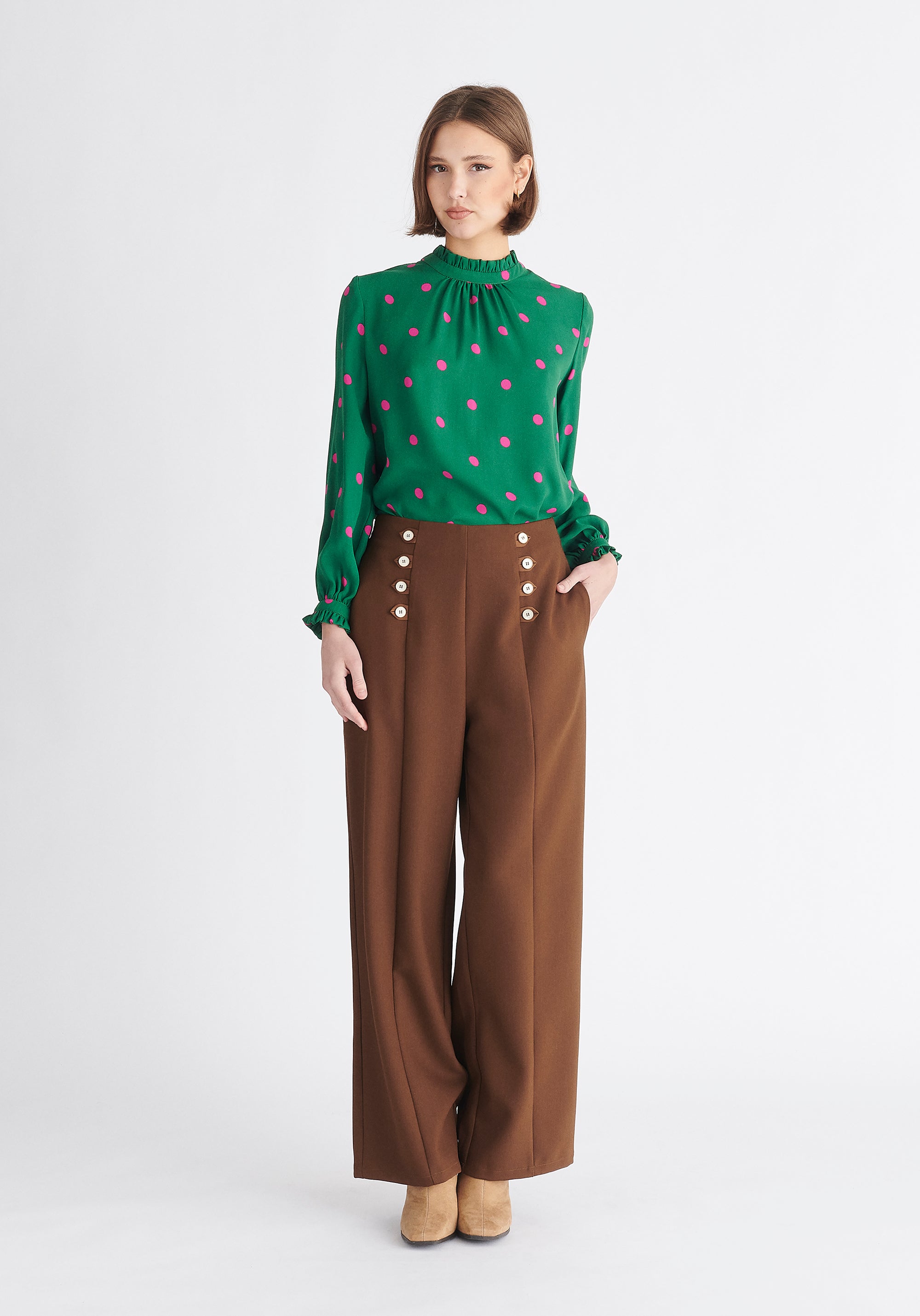 Paisie Pleated Collar Polka Dot Blouse in Green and Pink