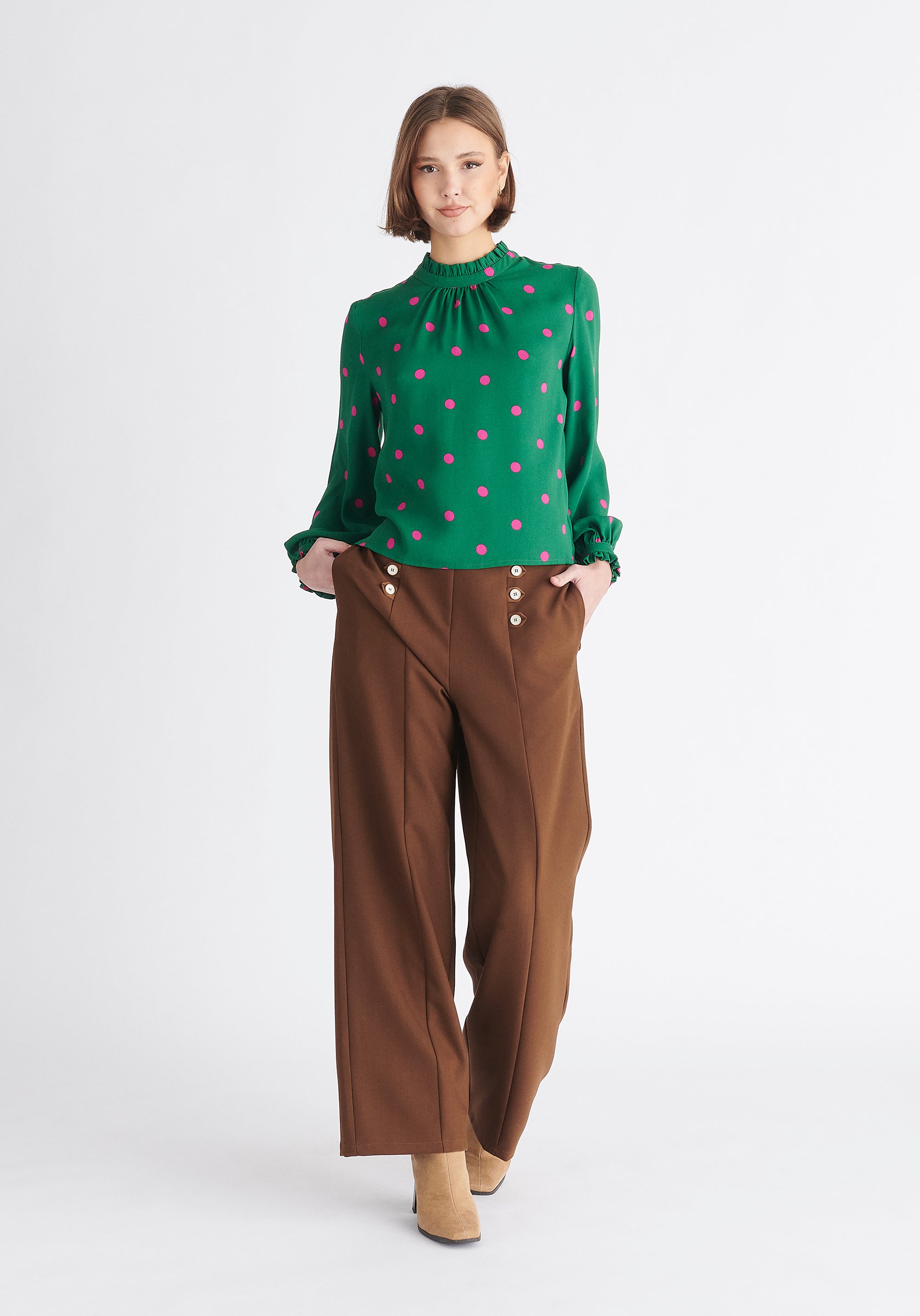 Paisie Pleated Collar Polka Dot Blouse in Green and Pink