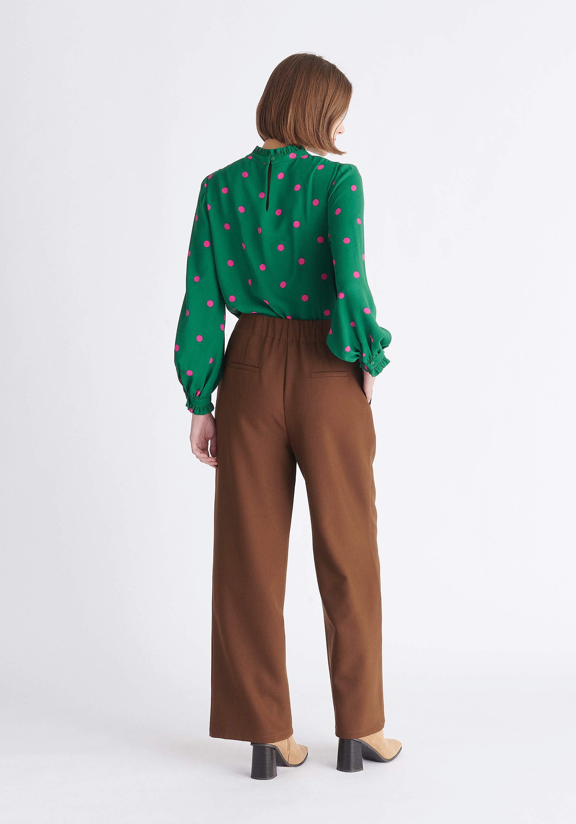 Paisie Pleated Collar Polka Dot Blouse in Green and Pink Back