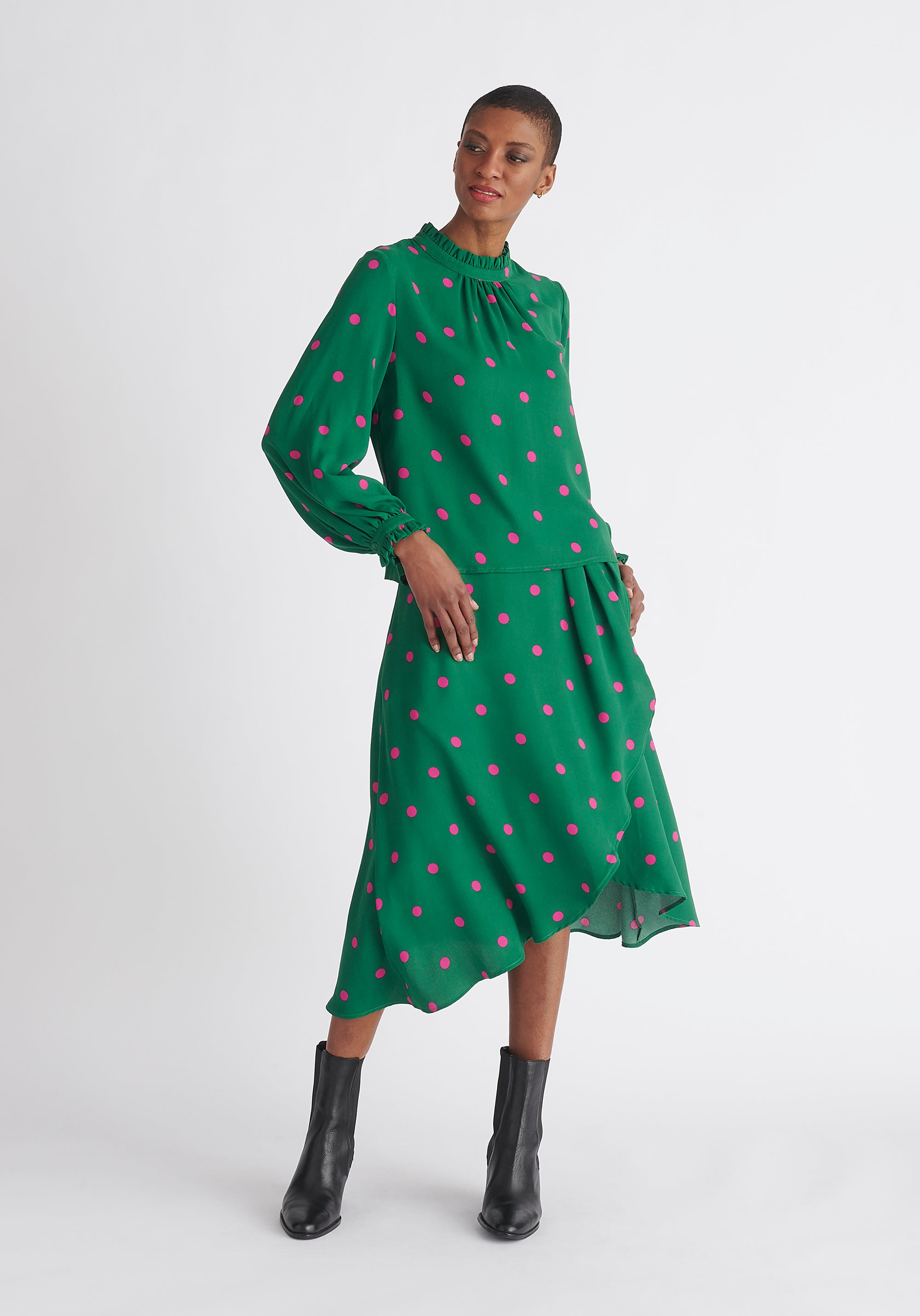 Paisie Pleated Collar Polka Dot Blouse in Green and Pink