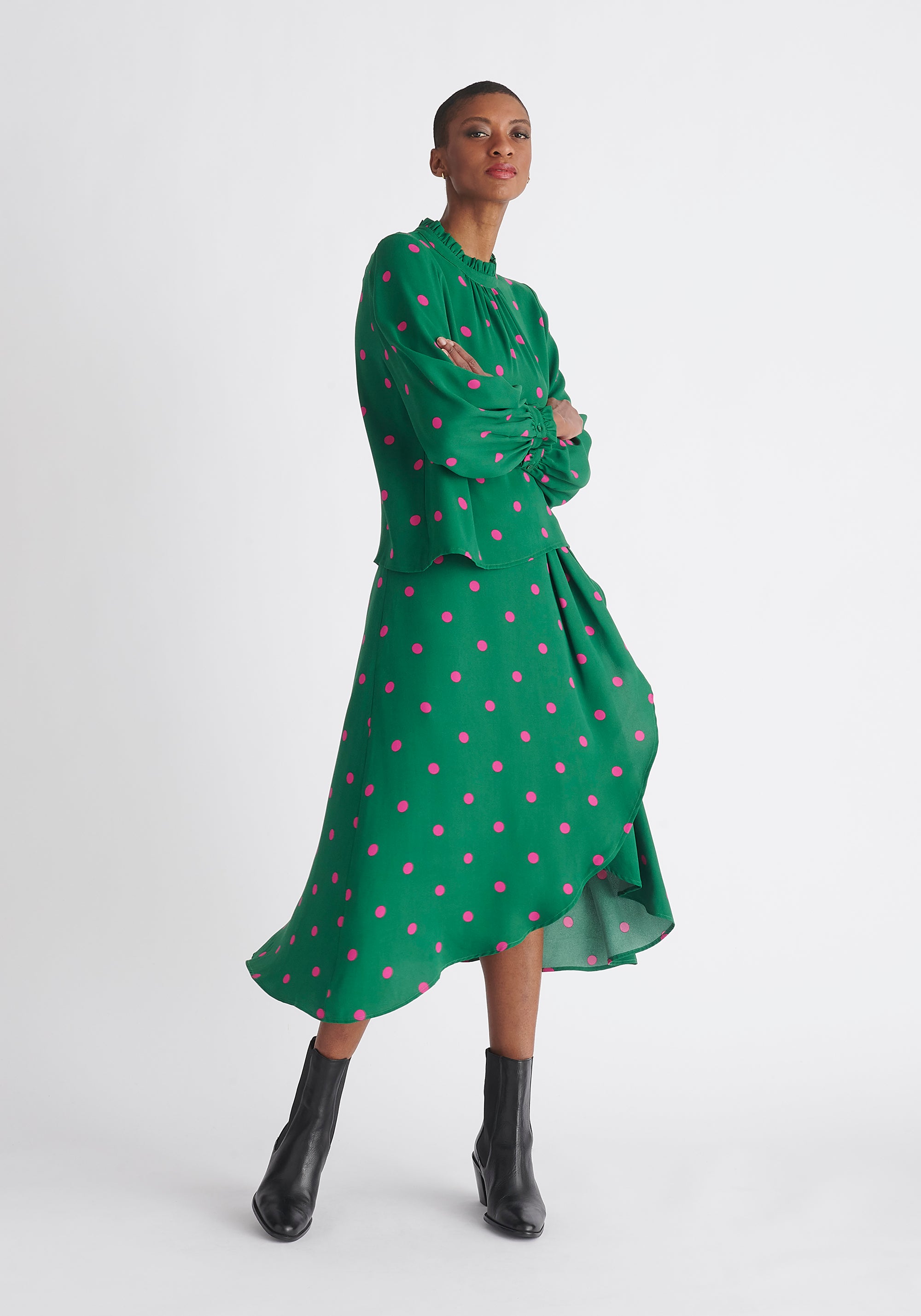 Paisie Pleated Collar Polka Dot Blouse in Green and Pink