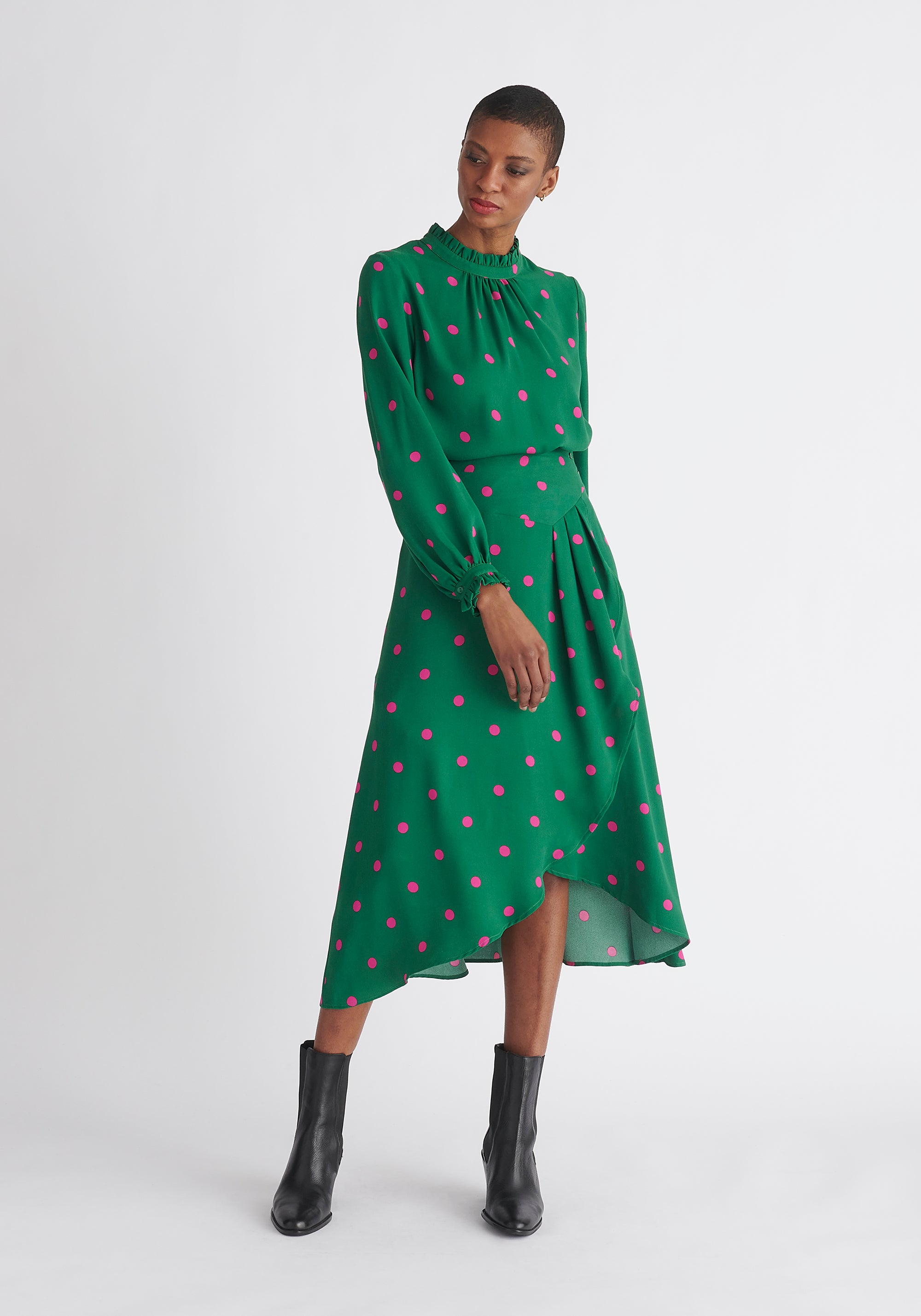 Paisie Pleated Collar Polka Dot Blouse in Green and Pink