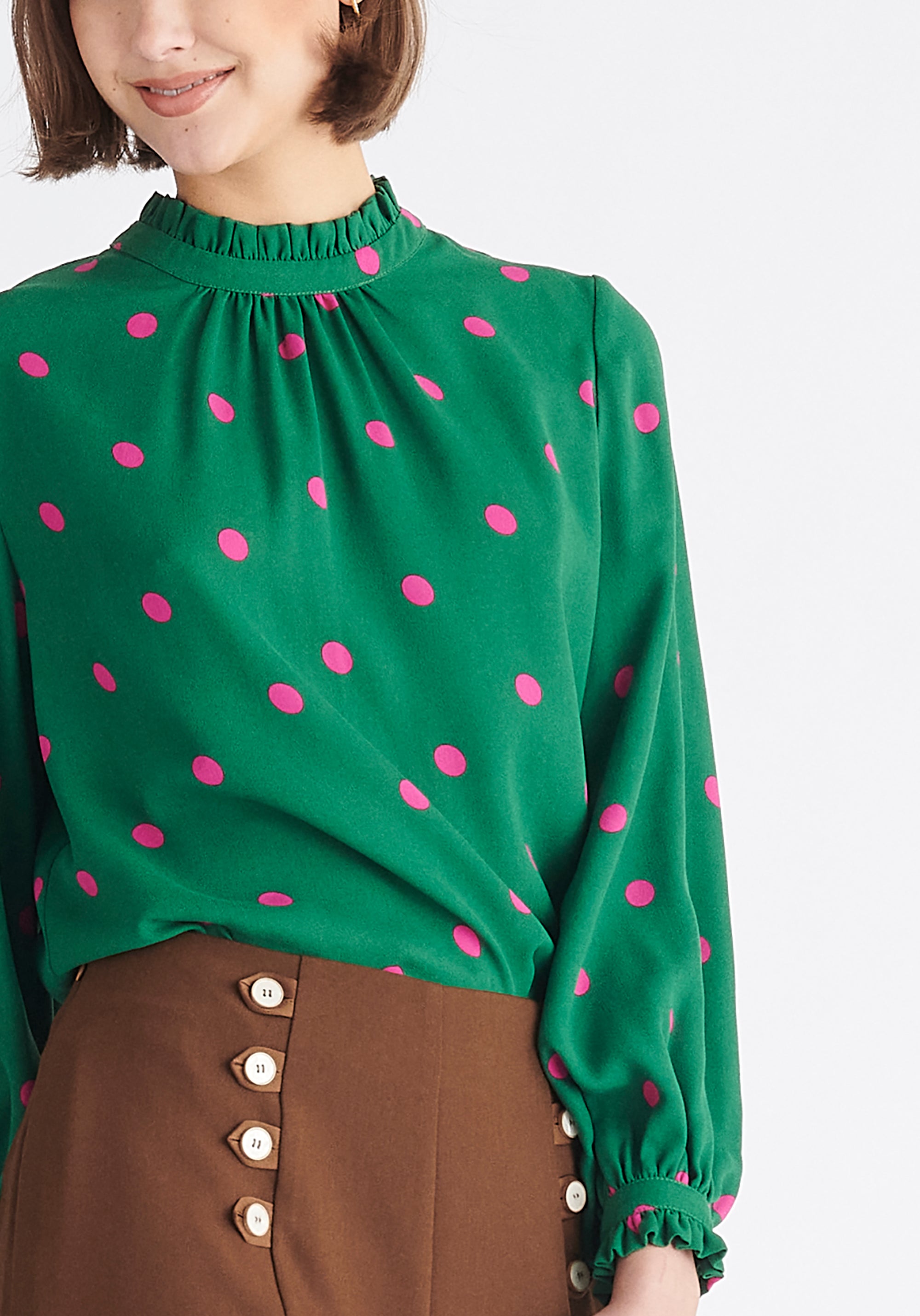 Paisie Pleated Collar Polka Dot Blouse in Green and Pink Close Up