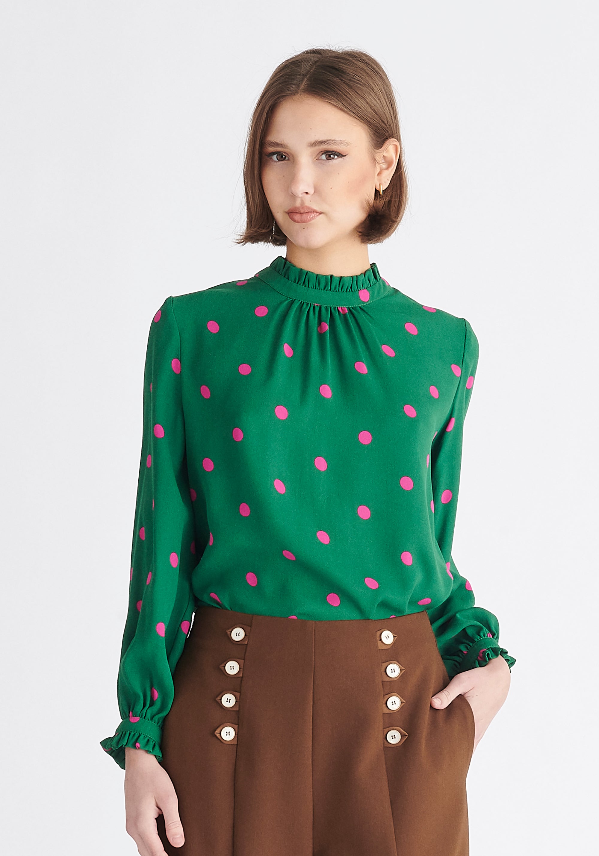 Paisie Pleated Collar Polka Dot Blouse in Green and Pink