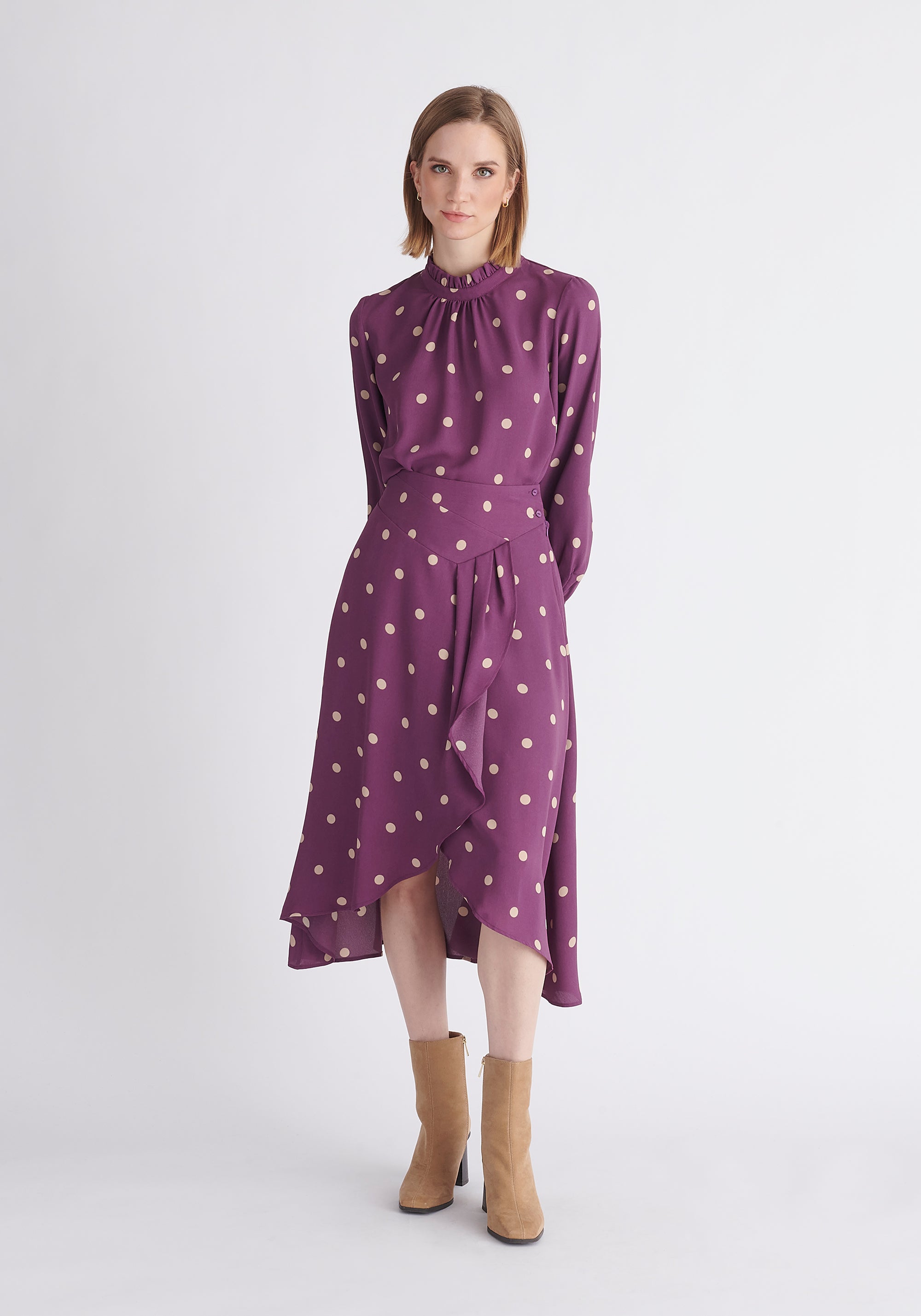 Paisie Pleated Collar Polka Dot Blouse in Purple and Cream