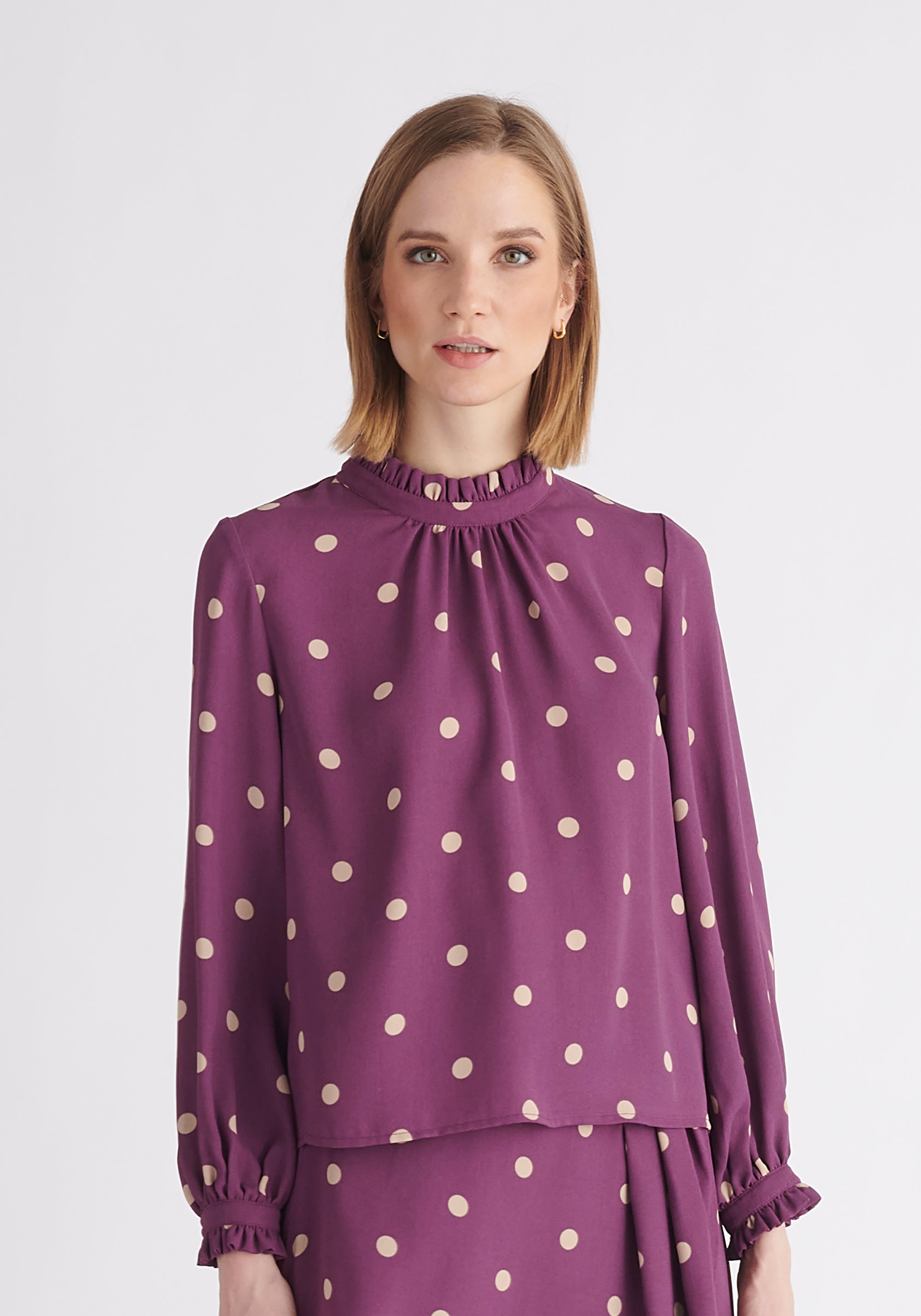 Paisie Pleated Collar Polka Dot Blouse in Purple and Cream