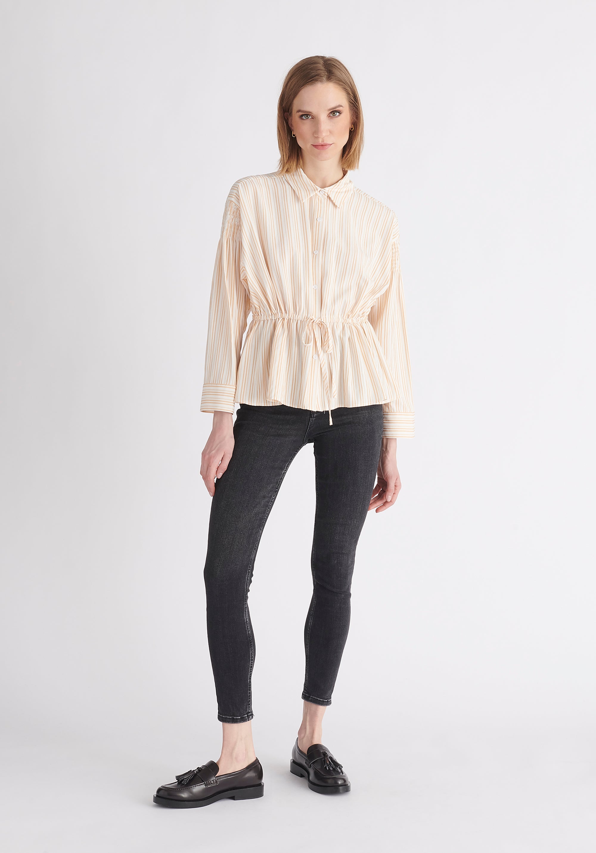 Paisie Striped Ruched Shirt in Cream