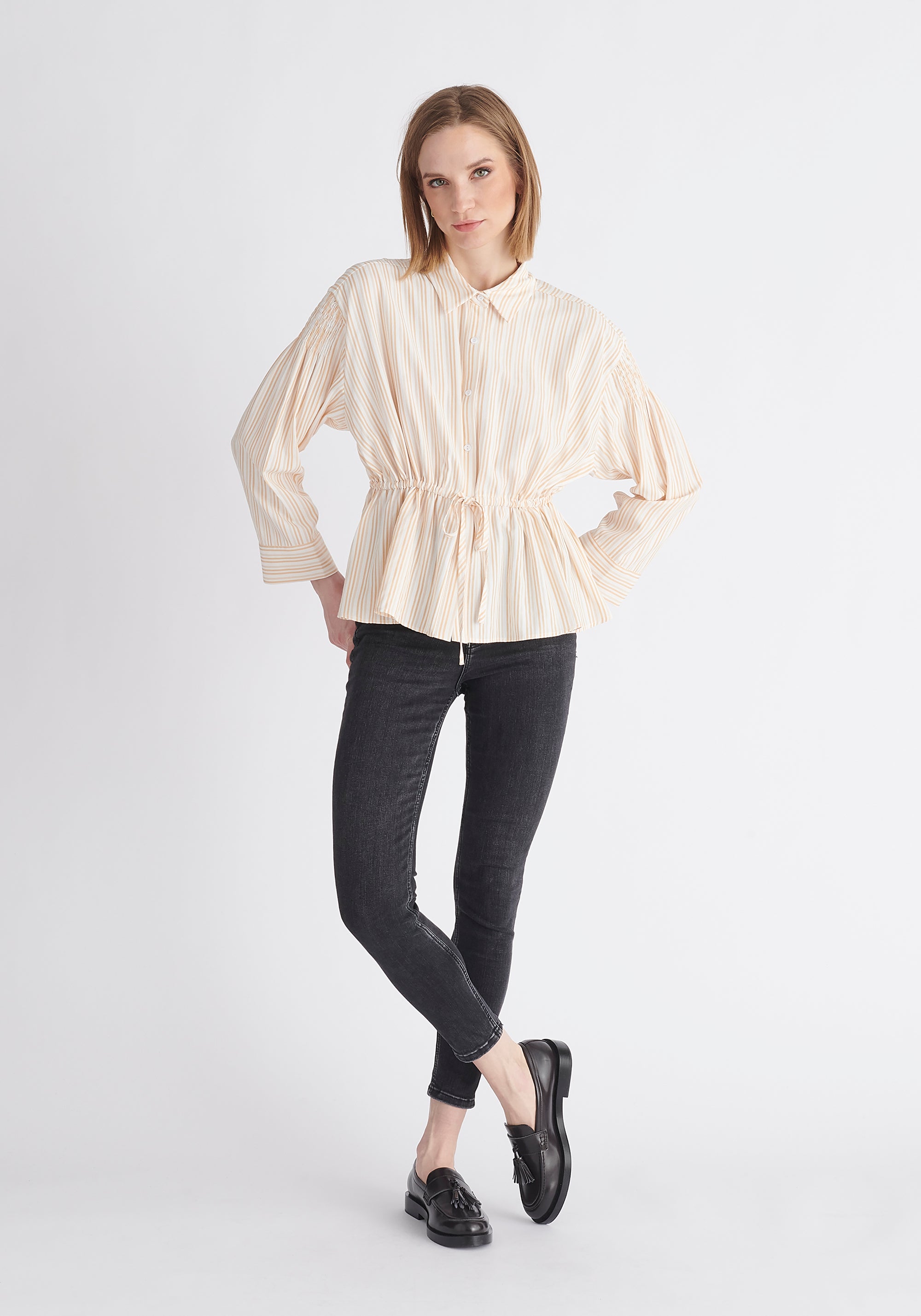 Paisie Striped Ruched Shirt in Cream