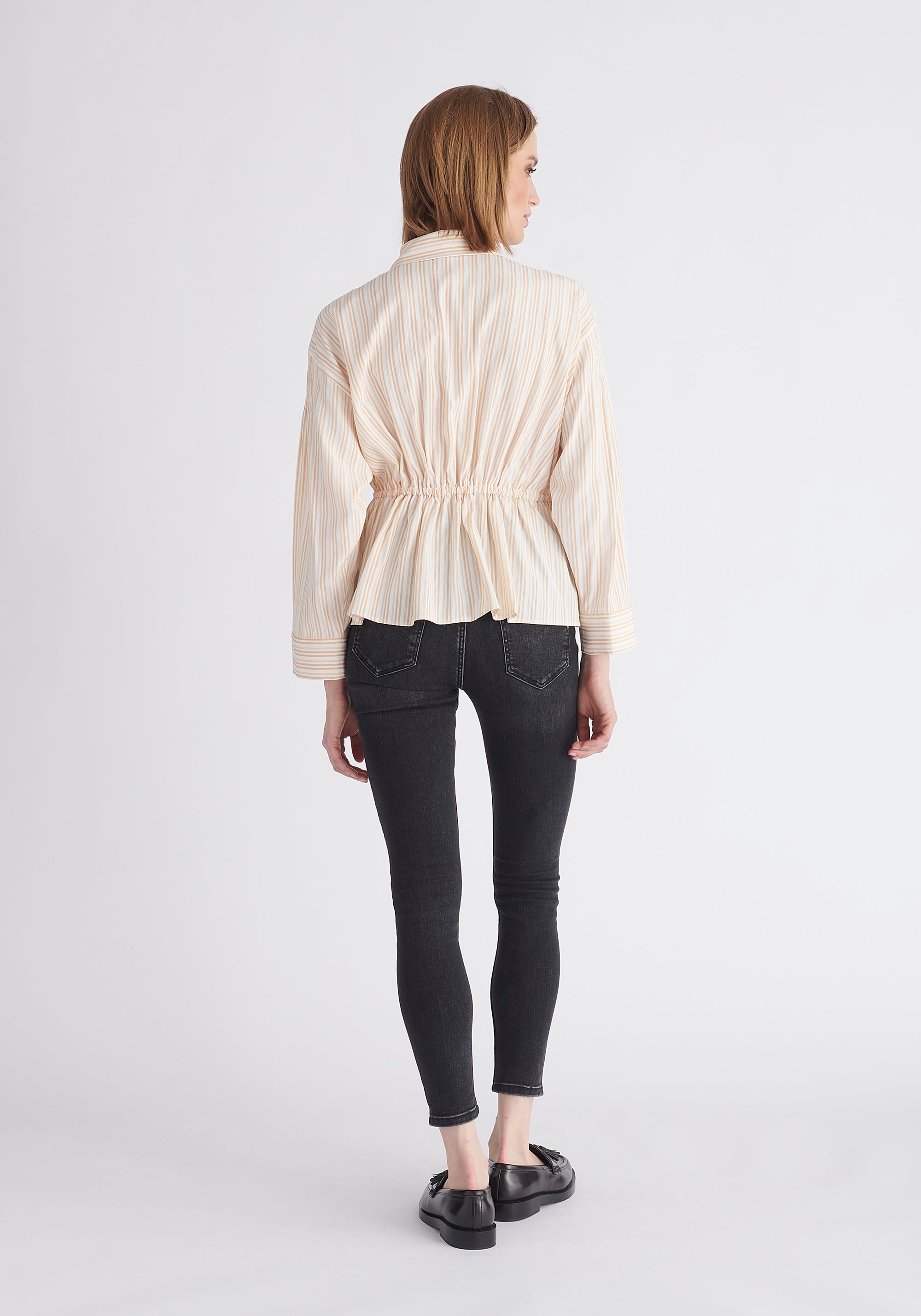 Paisie Striped Ruched Shirt in Cream Back