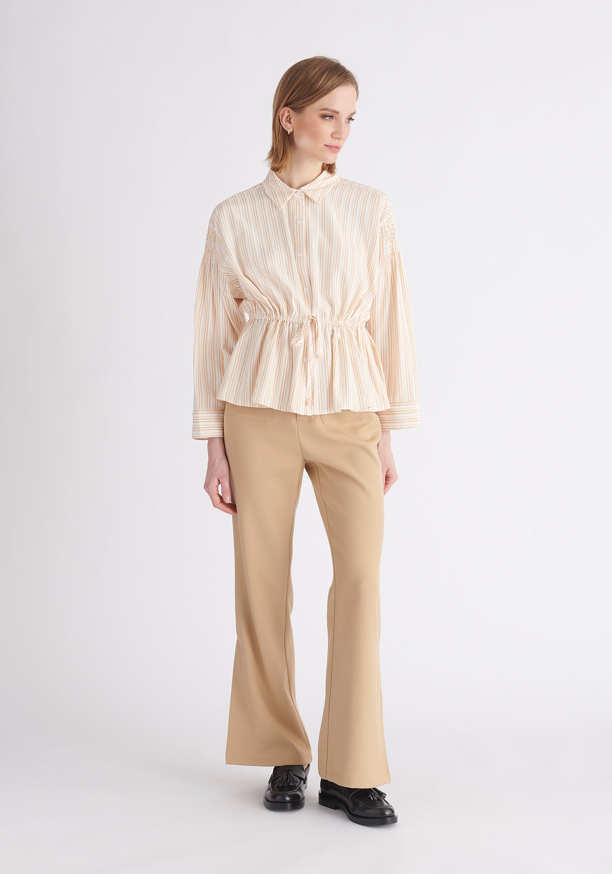 Paisie Striped Ruched Shirt in Cream