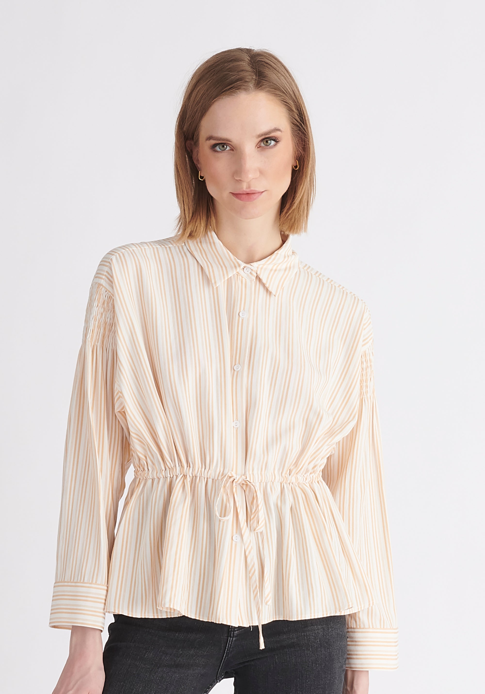 Paisie Striped Ruched Shirt in Cream