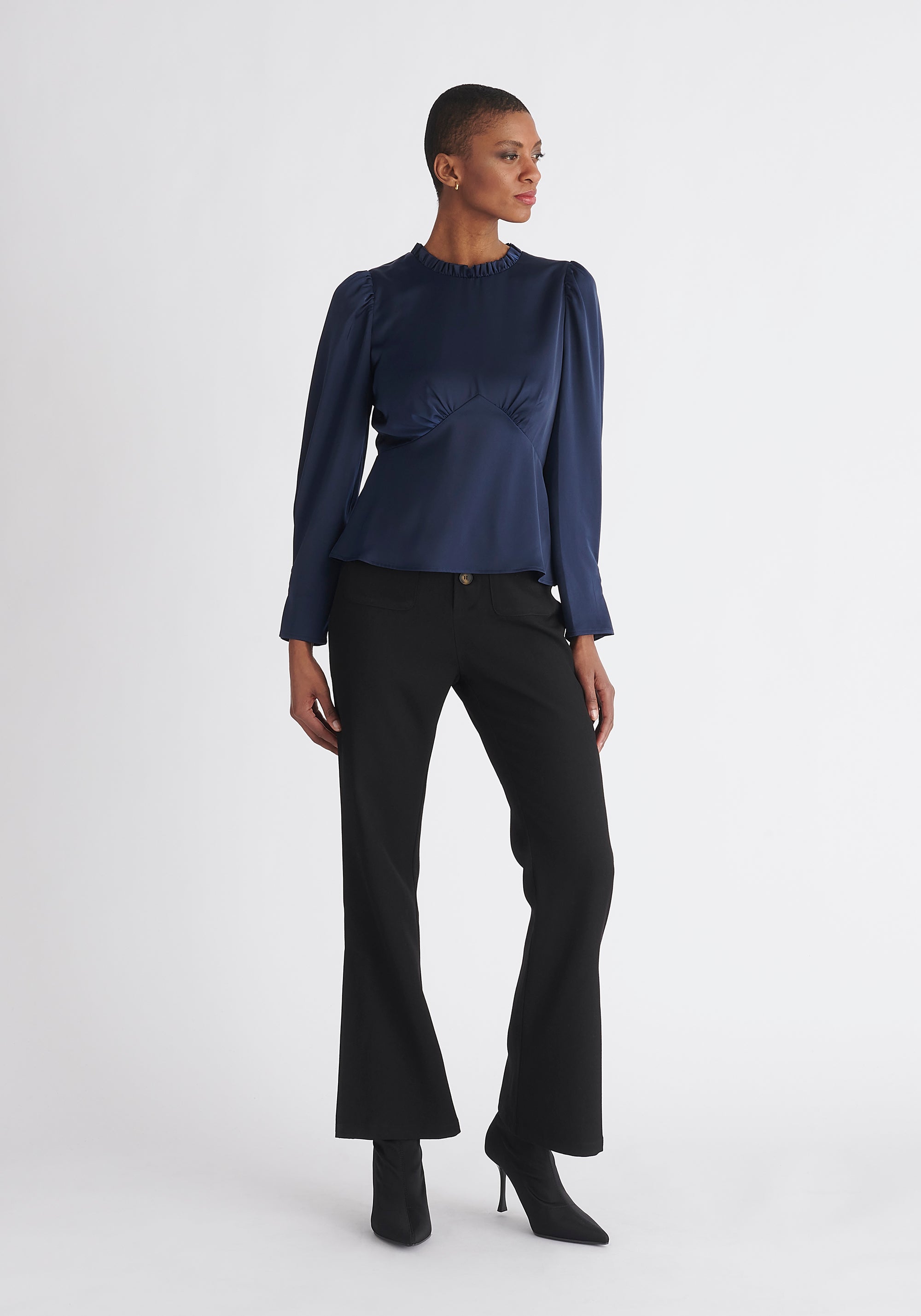 Pleated Collar Satin Blouse in Navy Tops Paisie