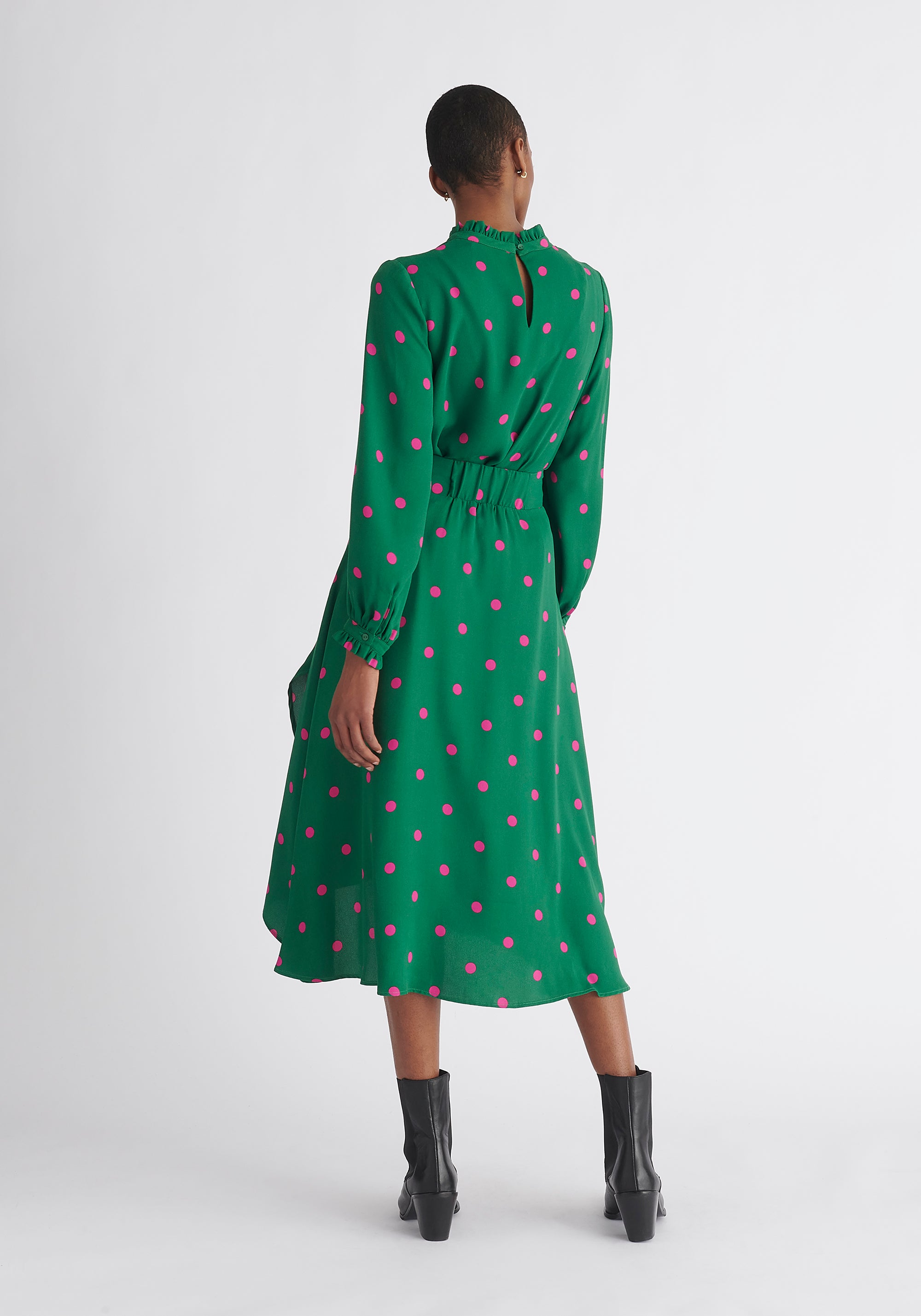 Paisie Asymmetric Polka Dot Skirt in Green and Pink Back