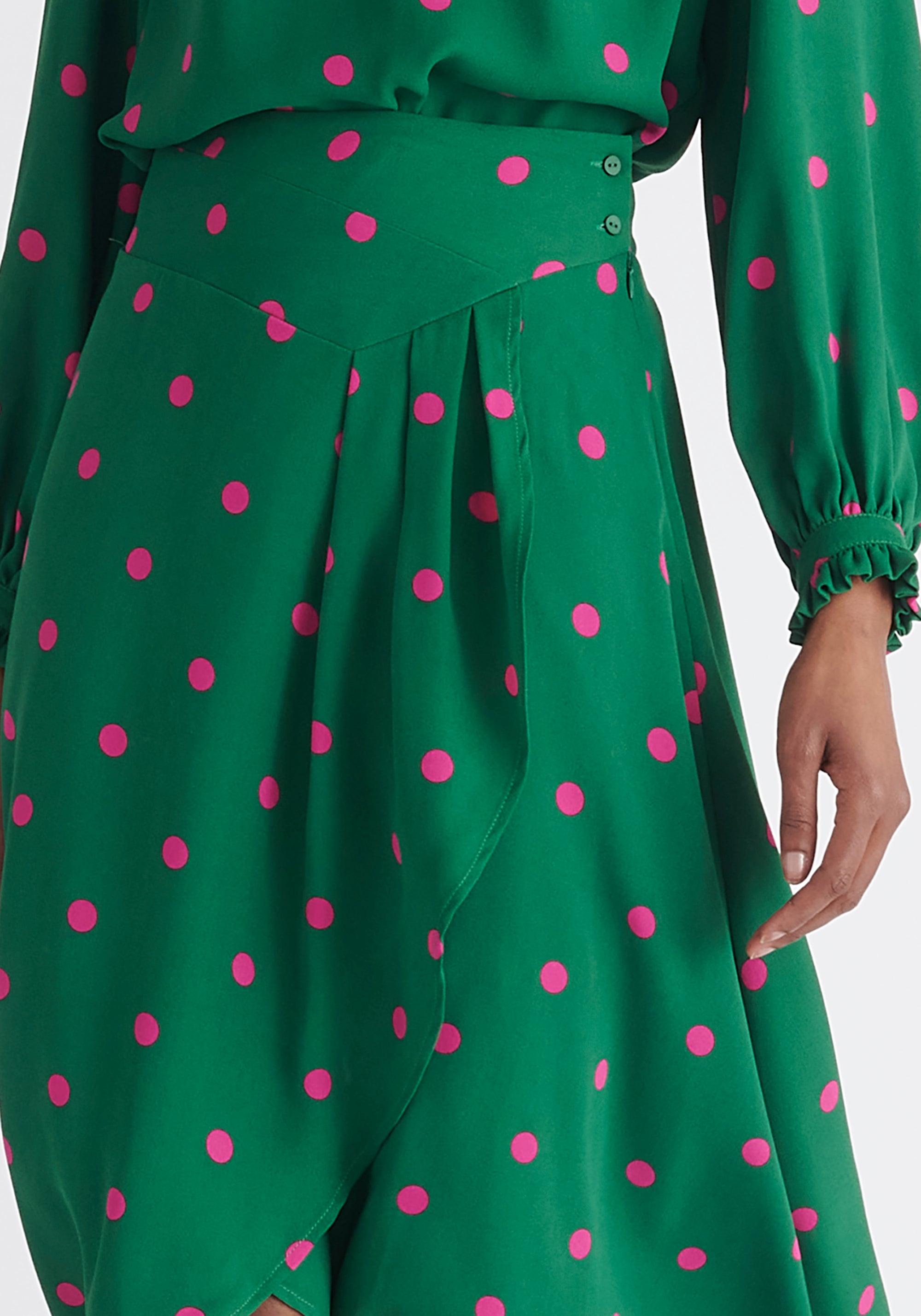 Paisie Asymmetric Polka Dot Skirt in Green and Pink Close Up