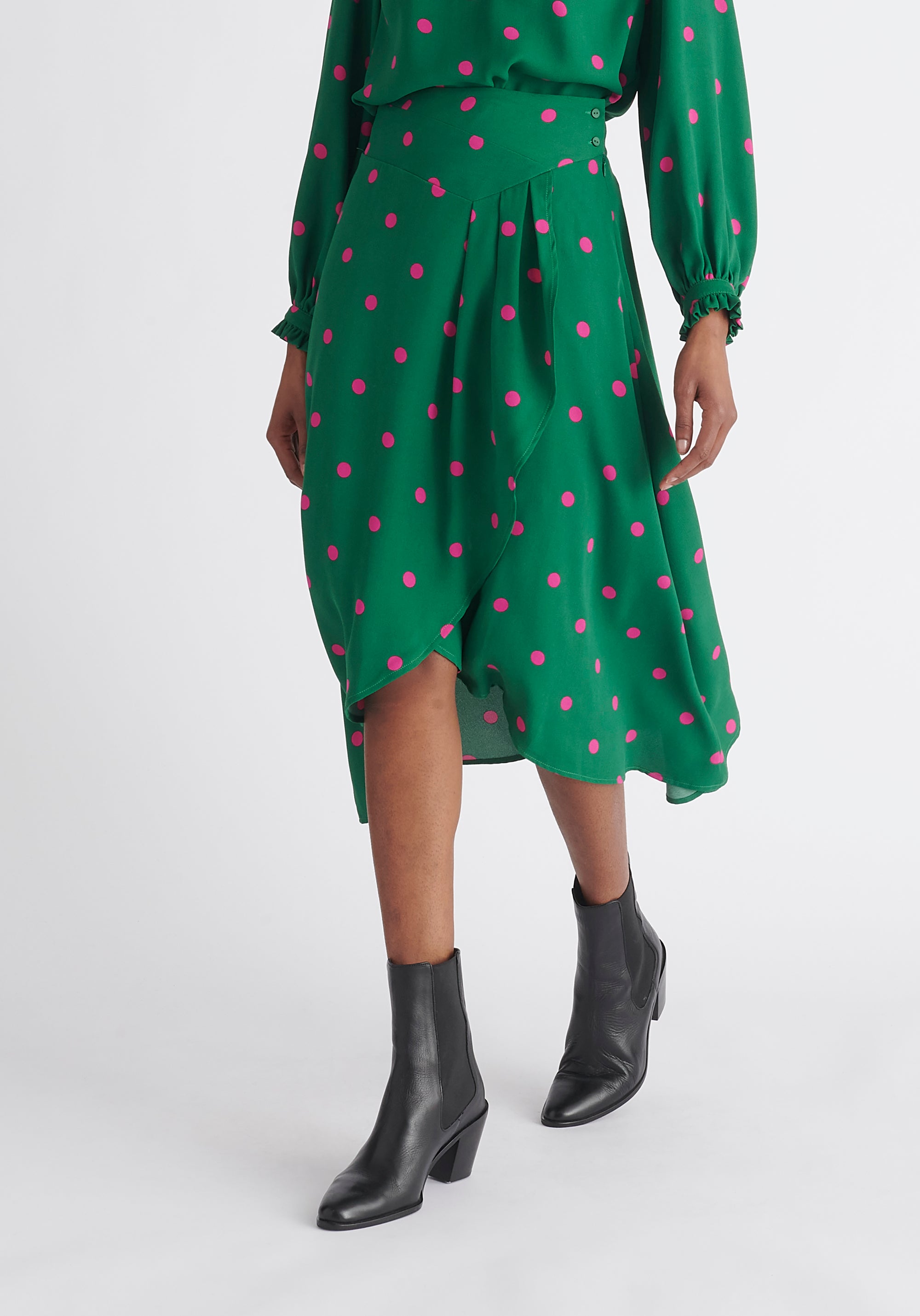 Paisie Asymmetric Polka Dot Skirt in Green and Pink