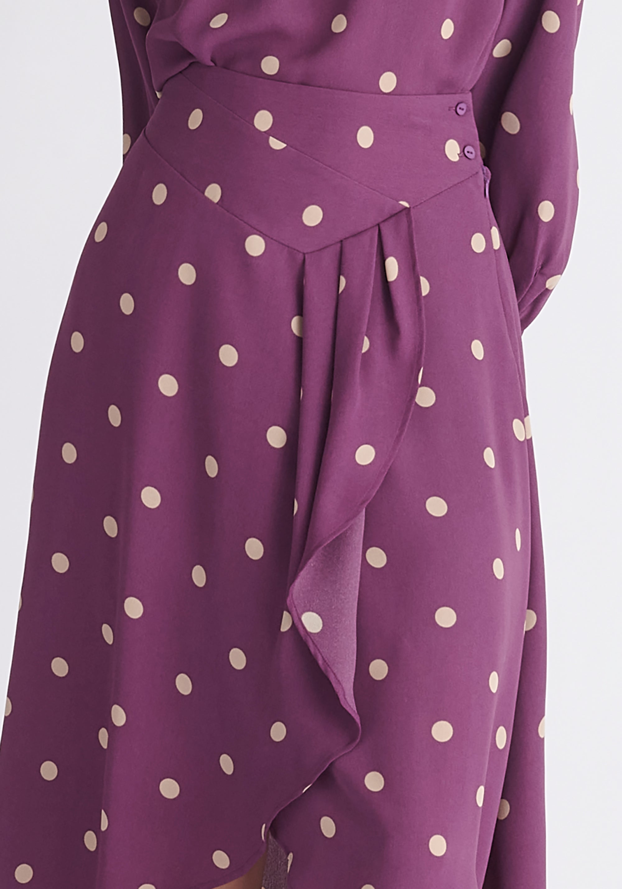 Paisie Asymmetric Polka Dot Skirt in Purple and Cream Close Up