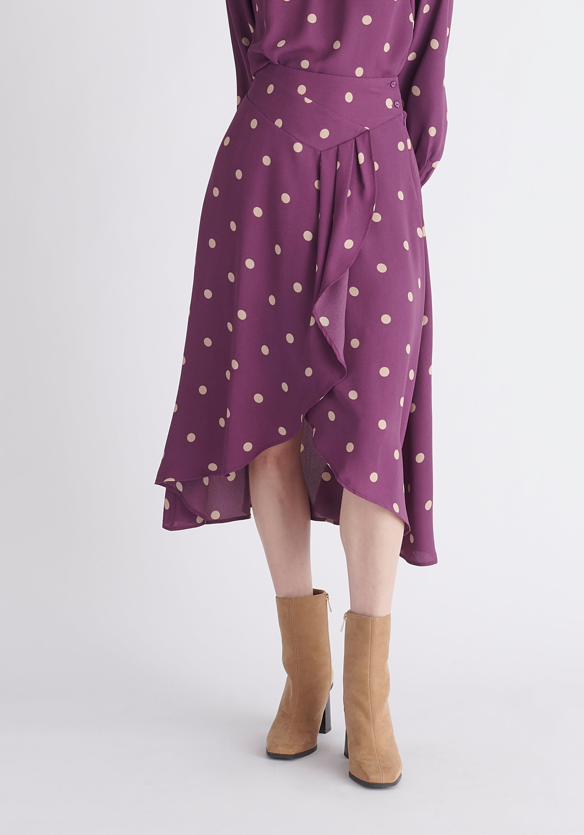 Paisie Asymmetric Polka Dot Skirt in Purple and Cream