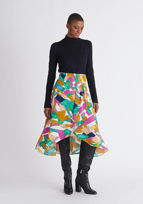 Paisie Multicolour Asymmetric Geometrical Print Skirt