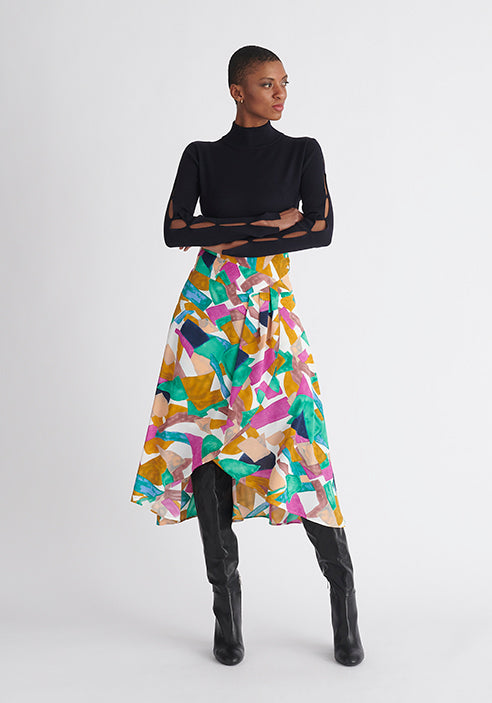 Paisie Multicolour Asymmetric Geometrical Print Skirt