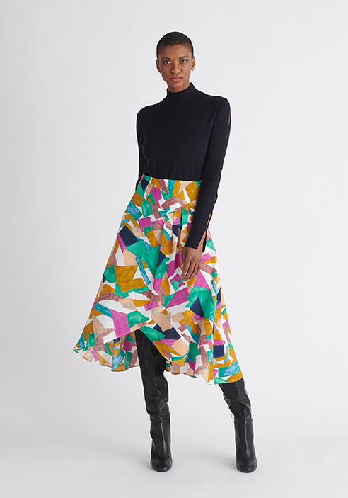 Paisie Multicolour Asymmetric Geometrical Print Skirt