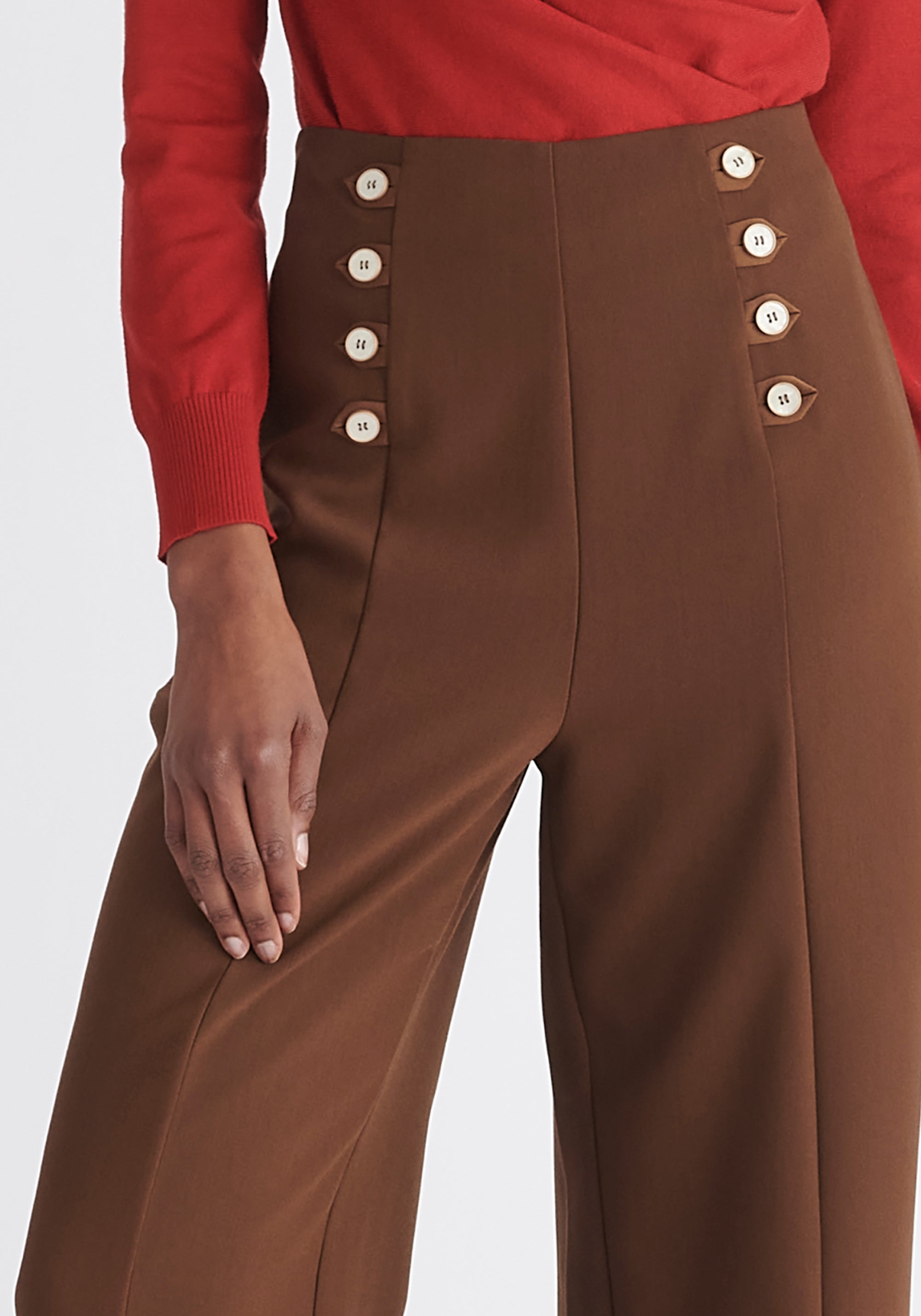 Paisie Button Waist Trousers in Brown Close Ups