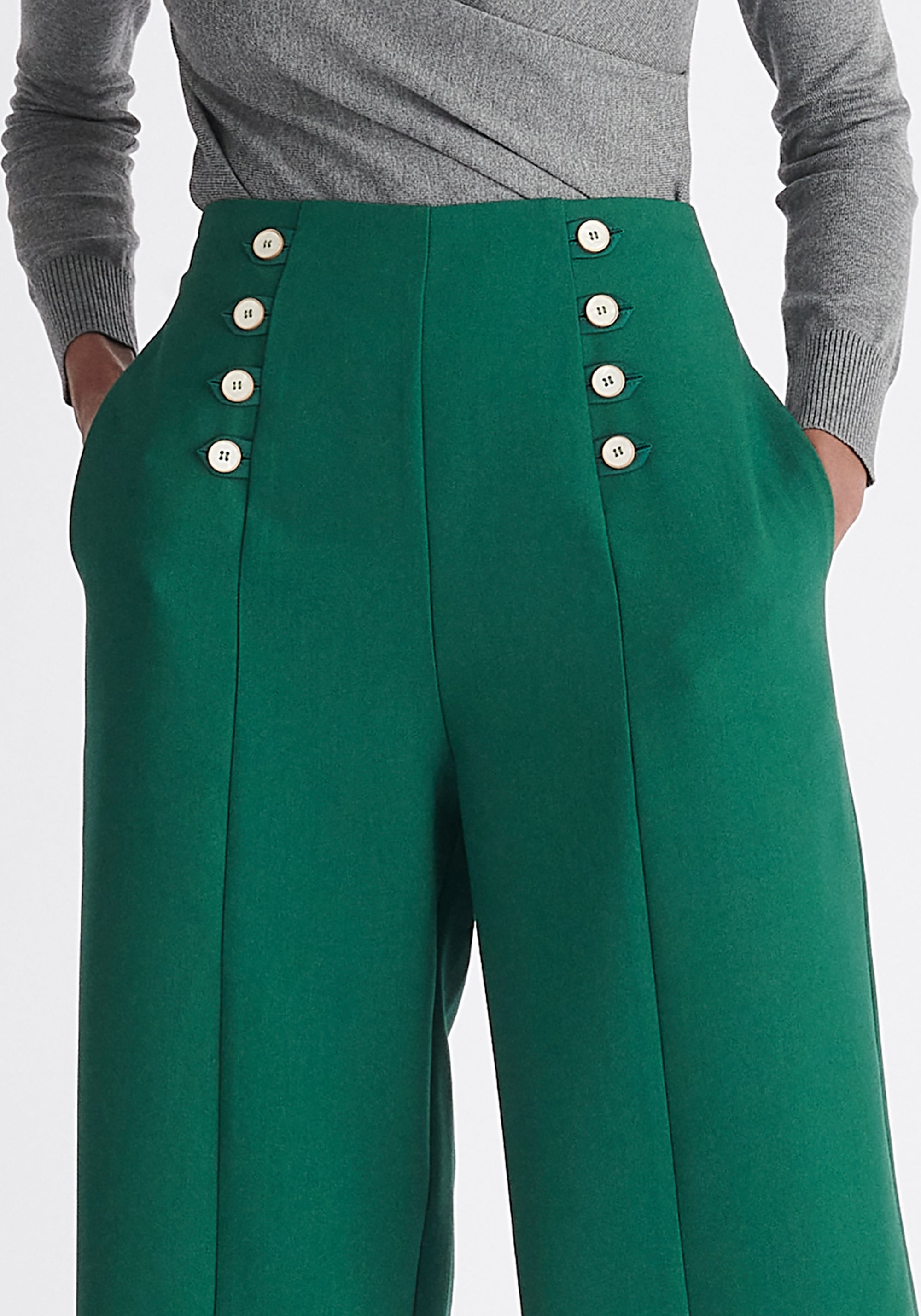 Paisie Button Waist Trousers in Green Close Up