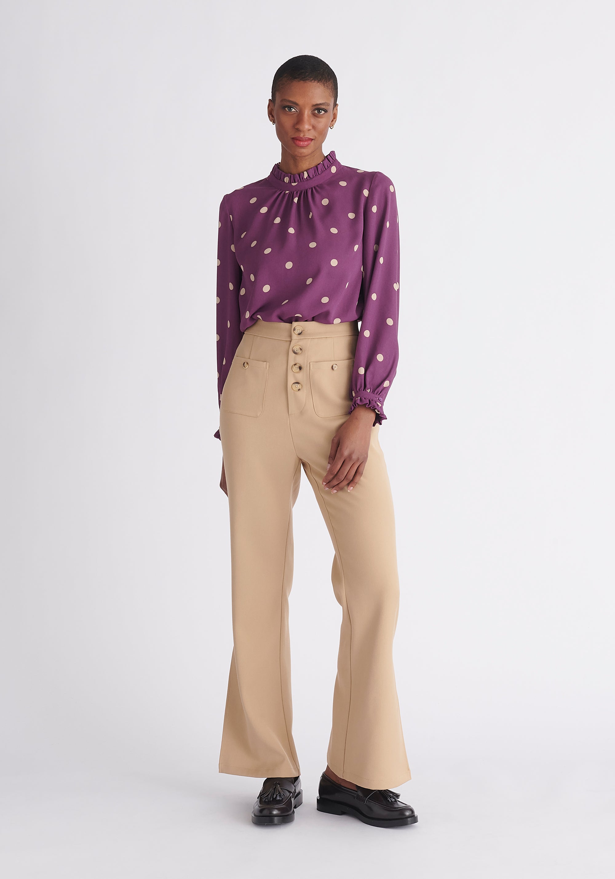 Paisie High Waist Flare Trousers in Beige