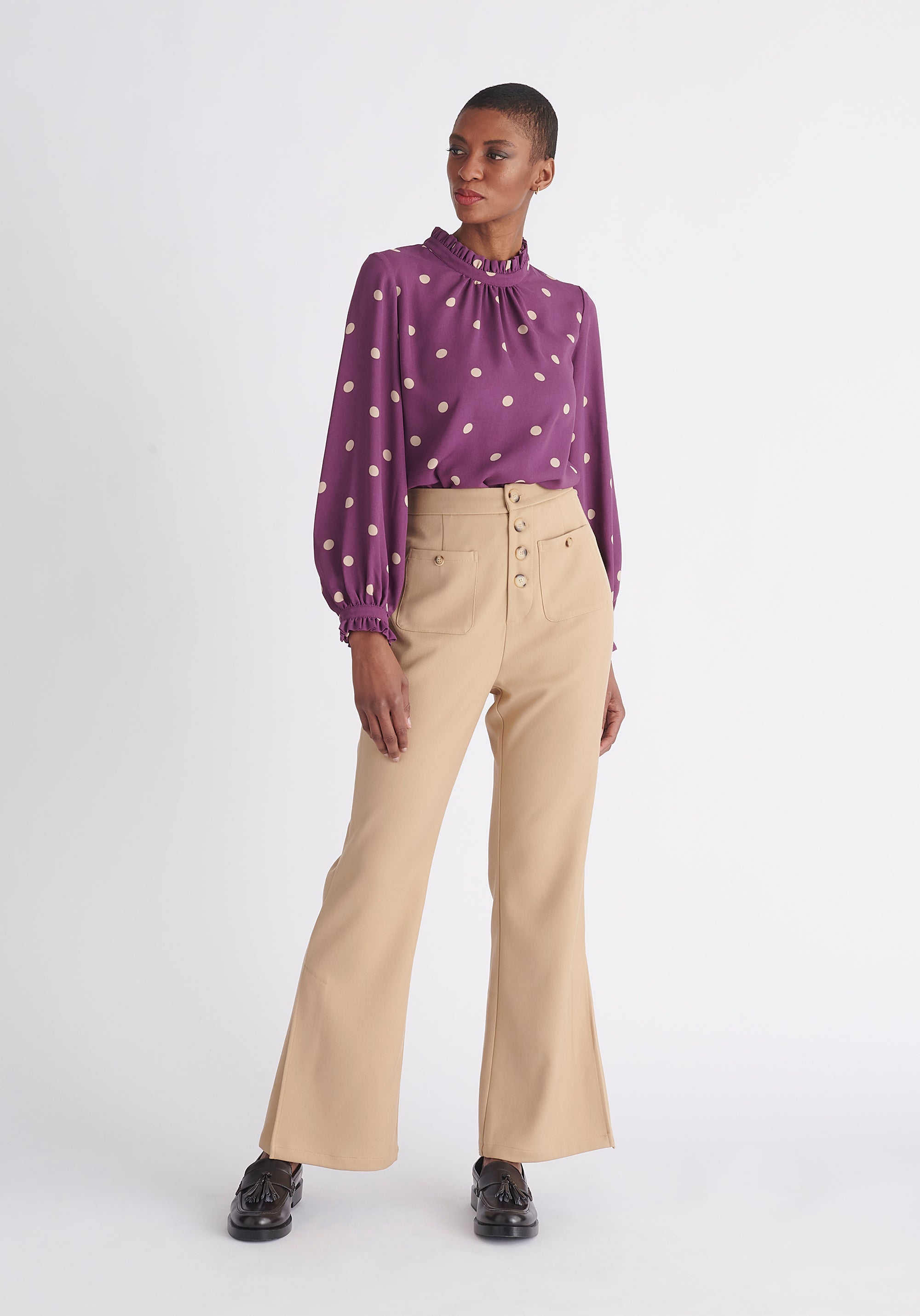 Paisie High Waist Flare Trousers in Beige