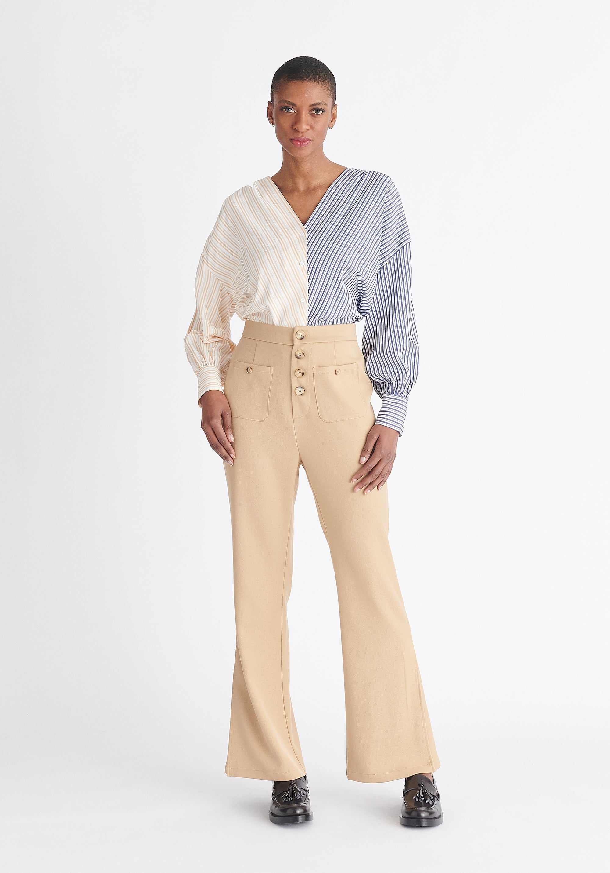 Paisie High Waist Flare Trousers in Beige