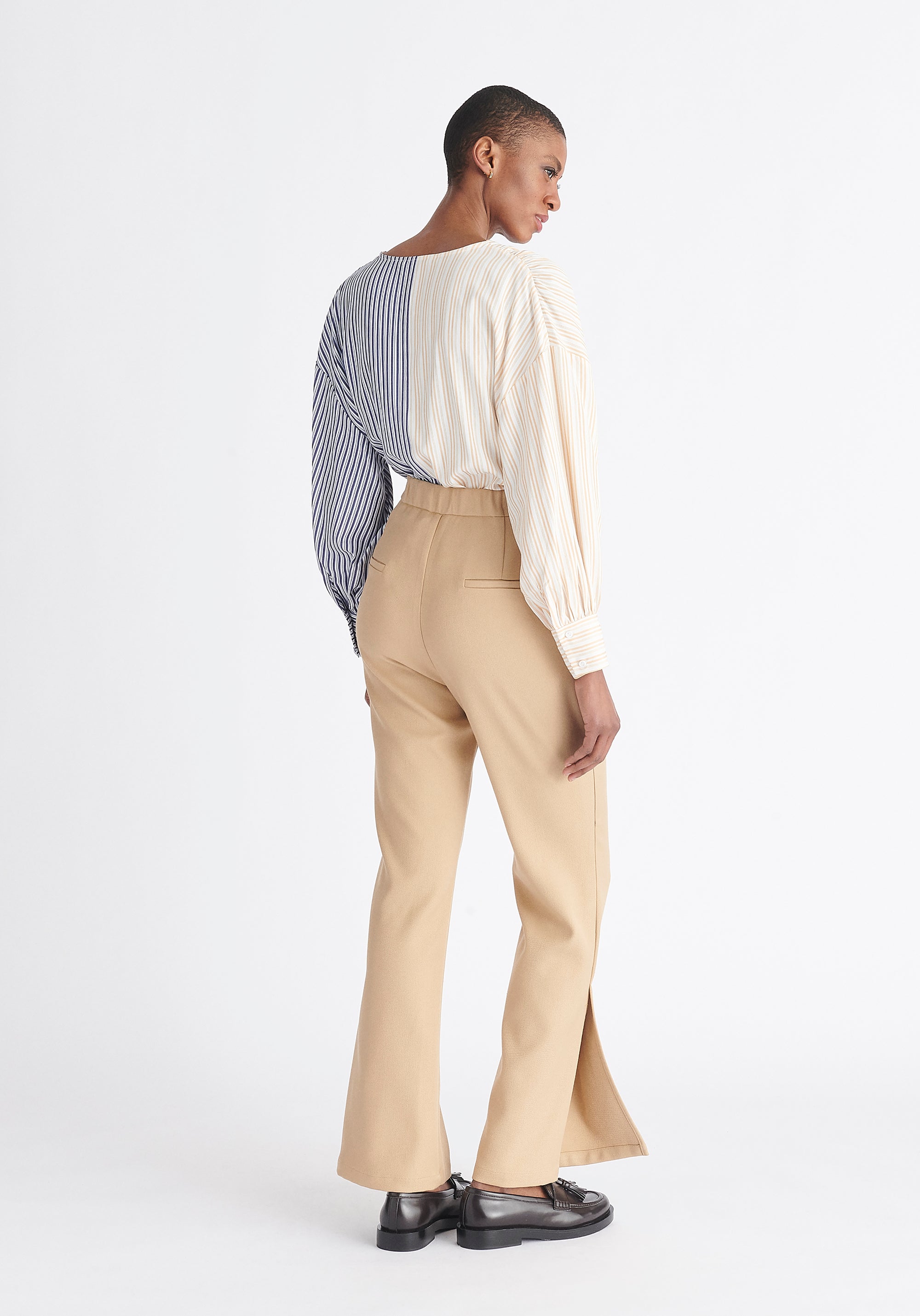 Paisie High Waist Flare Trousers in Beige Back