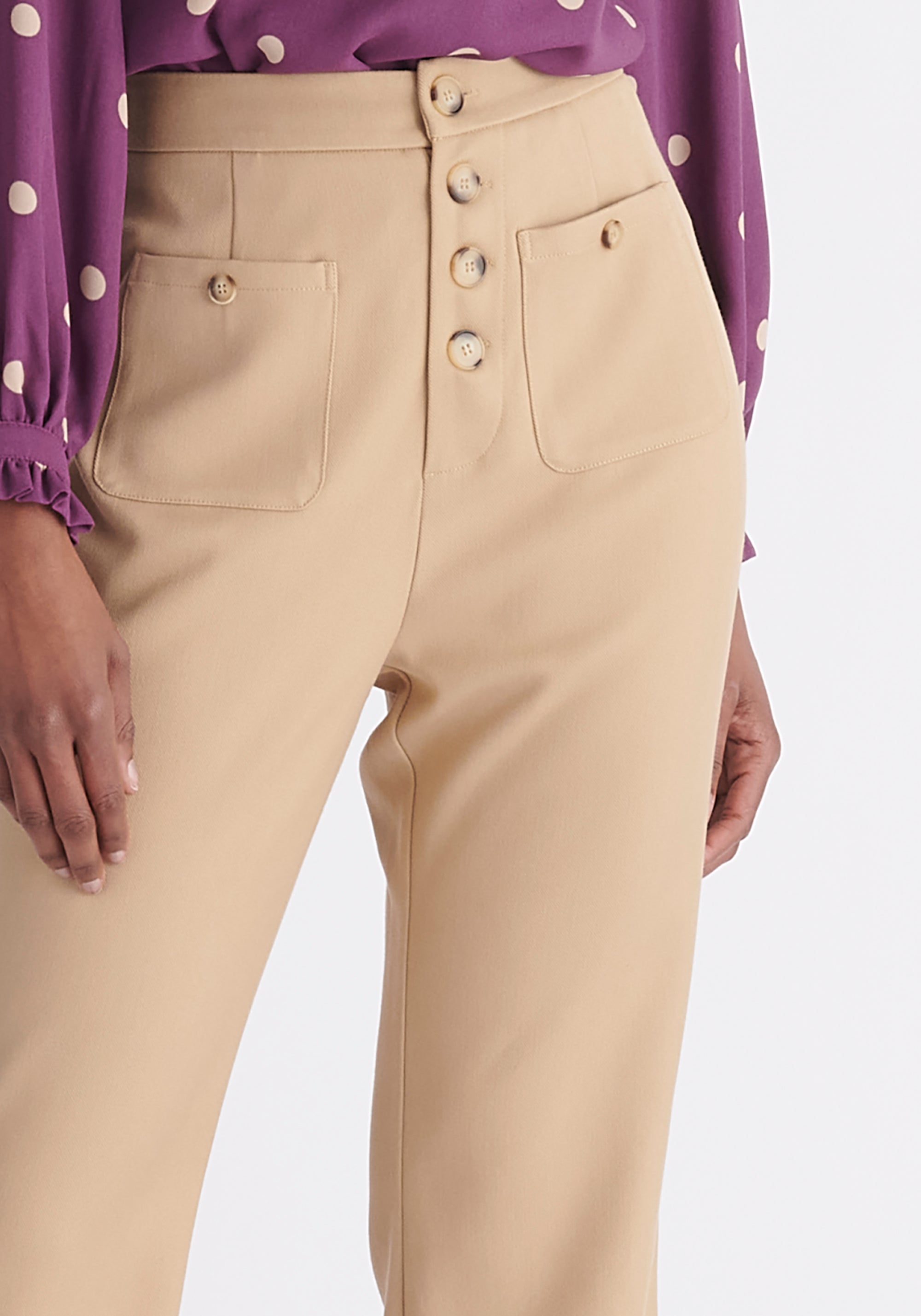 Paisie High Waist Flare Trousers in Beige Close Up