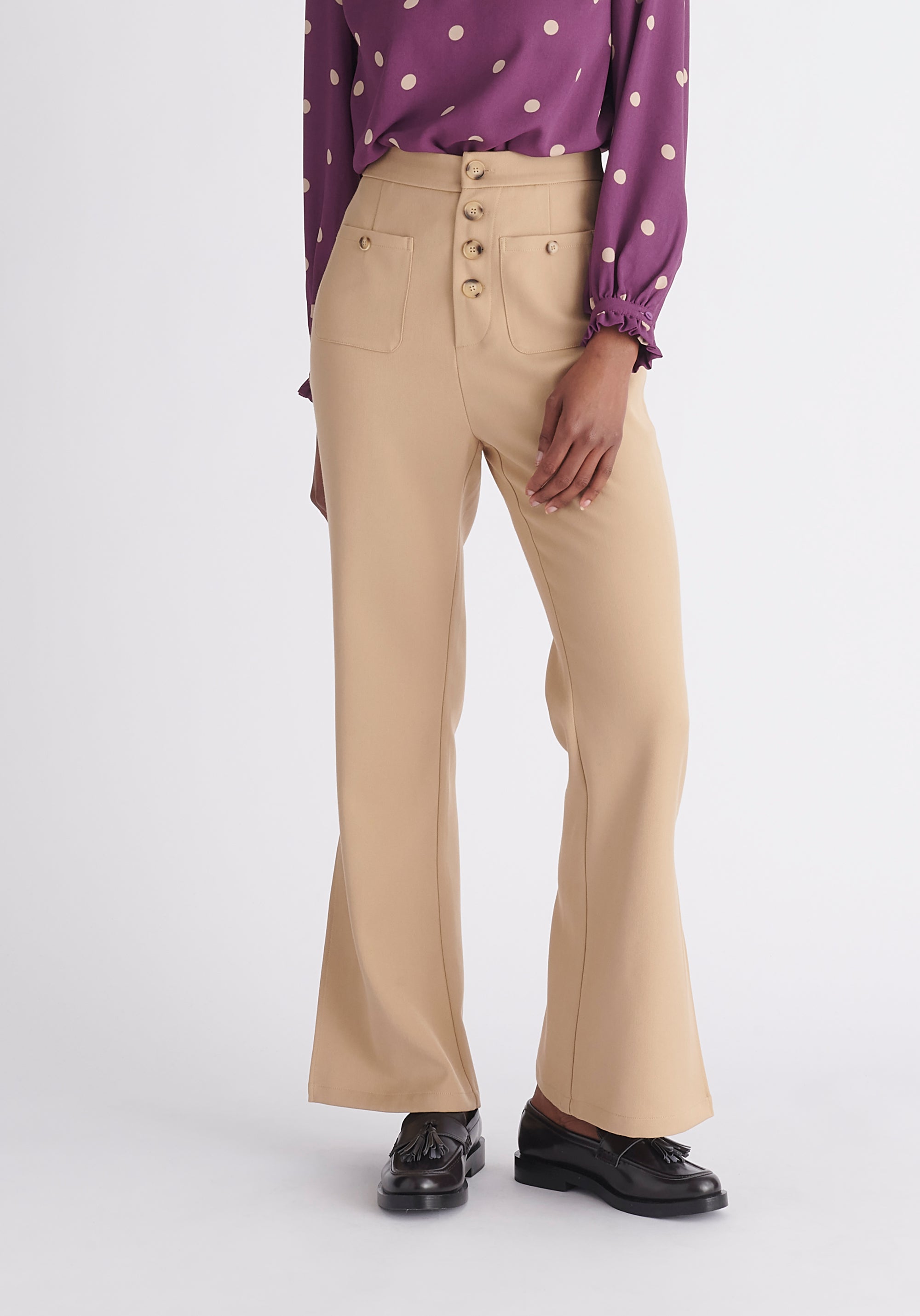 Paisie High Waist Flare Trousers in Beige