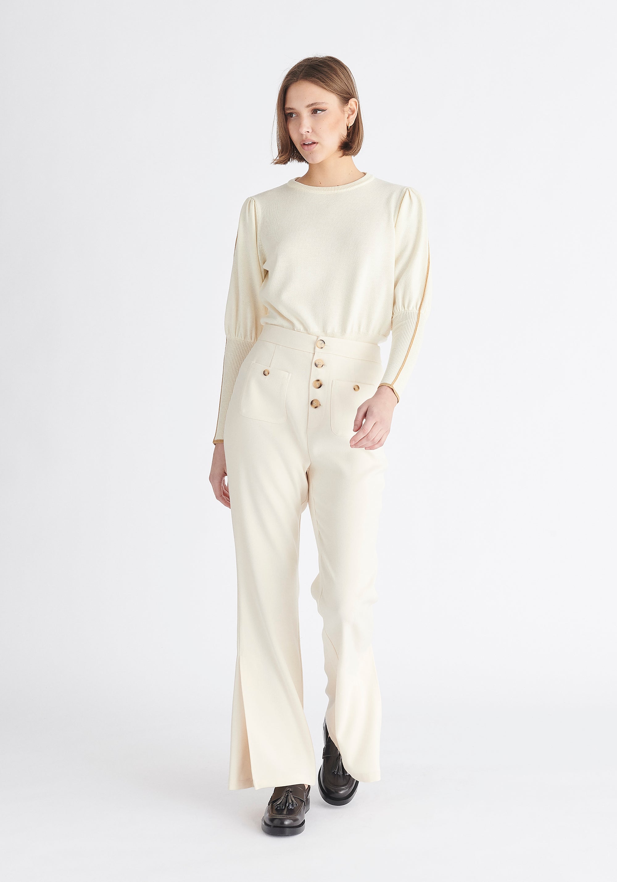 Paisie High Waist Flare Trousers in Cream