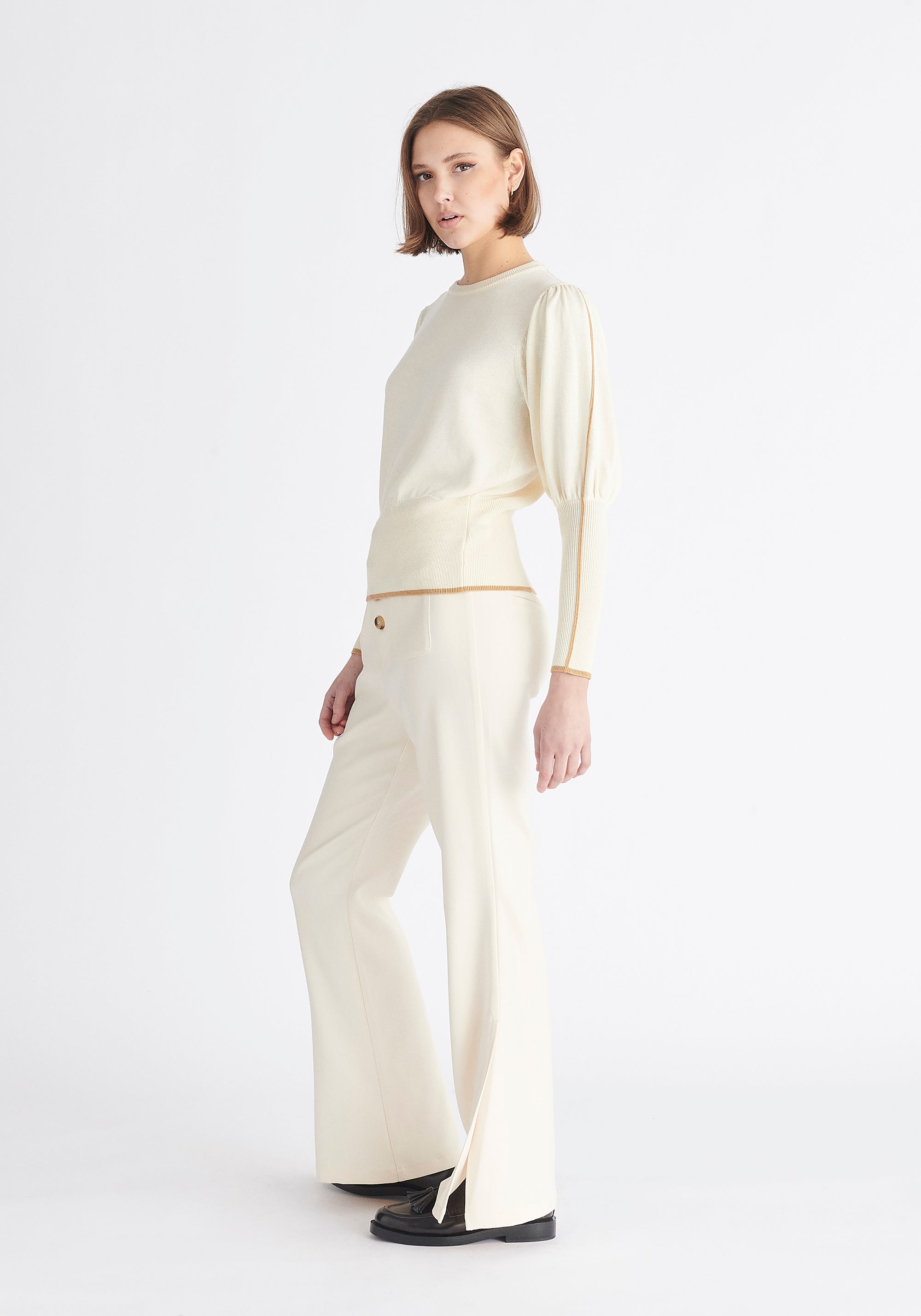 Paisie High Waist Flare Trousers in Cream Side