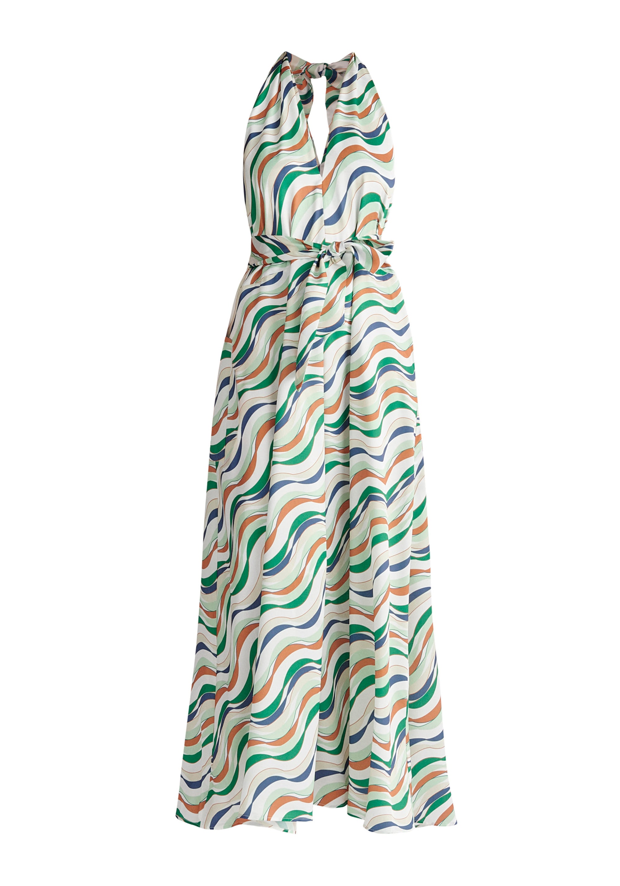 Paisie Wave Print Halterneck Maxi Dress in Green Cut Out